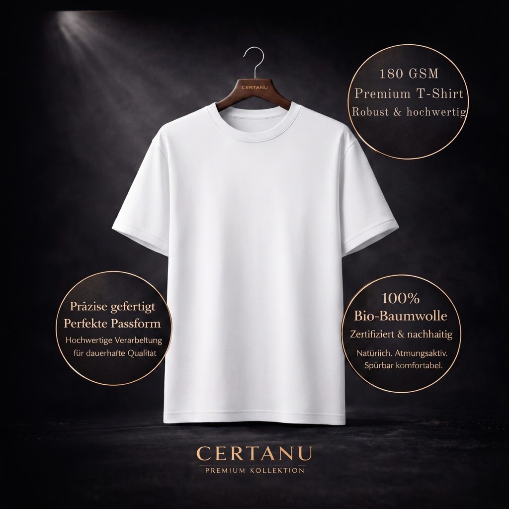 Weißes CERTANU Premium T-Shirt auf edlem dunklem Hintergrund mit Holzkleiderbügel und luxuriöser Produktpräsentation. Das minimalistische Unisex-Shirt wird von drei Informationsfeldern umrahmt: 180 GSM Premium-Qualität, präzise Verarbeitung mit perfekter Passform sowie 100 % Bio-Baumwolle. Die Darstellung betont hochwertige Materialien, nachhaltige Produktion und hohen Tragekomfort. Elegantes Fußball- und Streetwear-Basic für Herren und Damen mit modernem Premium-Look. Ideal für Fußballfans, Lifestyle-Mode 