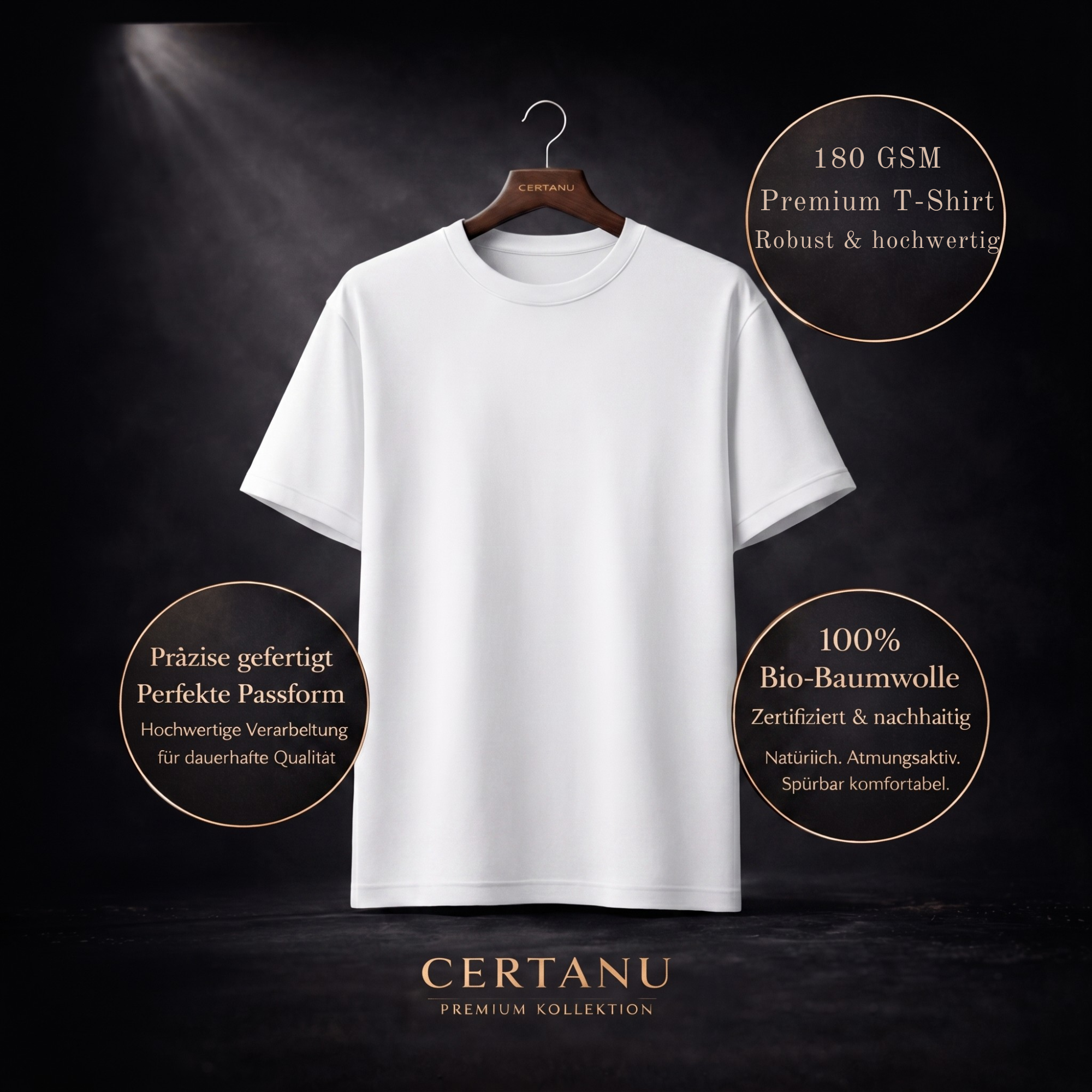 Weißes CERTANU Premium T-Shirt auf edlem dunklem Hintergrund mit Holzkleiderbügel und luxuriöser Produktpräsentation. Das minimalistische Unisex-Shirt wird von drei Informationsfeldern umrahmt: 180 GSM Premium-Qualität, präzise Verarbeitung mit perfekter Passform sowie 100 % Bio-Baumwolle. Die Darstellung betont hochwertige Materialien, nachhaltige Produktion und hohen Tragekomfort. Elegantes Fußball- und Streetwear-Basic für Herren und Damen mit modernem Premium-Look. Ideal für Fußballfans, Lifestyle-Mode 