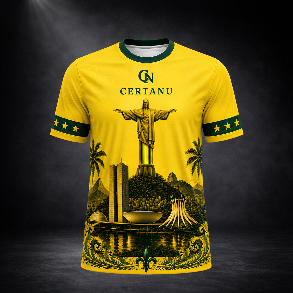 Freigestelltes CERTANU Brasil Legacy Premium Fußballshirt in leuchtendem Gelb vor dunklem Studiohintergrund. Das exklusive Frontdesign zeigt den Christo Redentor in Rio de Janeiro, die Skyline von Brasília mit Nationalkongress und Kathedrale, tropische Palmen sowie elegante grüne Heritage-Ornamente am unteren Saum. Dunkelgrüner Kragen und Ärmelbündchen mit goldenen Sternen unterstreichen den brasilianischen Nationalstil. Das hochwertige Funktionsshirt eignet sich ideal für Brasilien-Fans, Fußballliebhaber, 