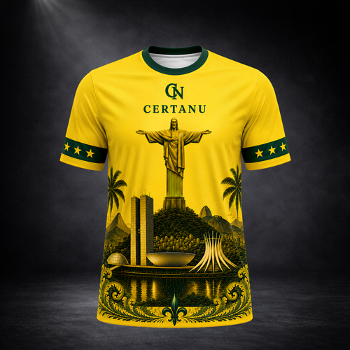 Freigestelltes CERTANU Brasil Legacy Premium Fußballshirt in leuchtendem Gelb vor dunklem Studiohintergrund. Das exklusive Frontdesign zeigt den Christo Redentor in Rio de Janeiro, die Skyline von Brasília mit Nationalkongress und Kathedrale, tropische Palmen sowie elegante grüne Heritage-Ornamente am unteren Saum. Dunkelgrüner Kragen und Ärmelbündchen mit goldenen Sternen unterstreichen den brasilianischen Nationalstil. Das hochwertige Funktionsshirt eignet sich ideal für Brasilien-Fans, Fußballliebhaber, 