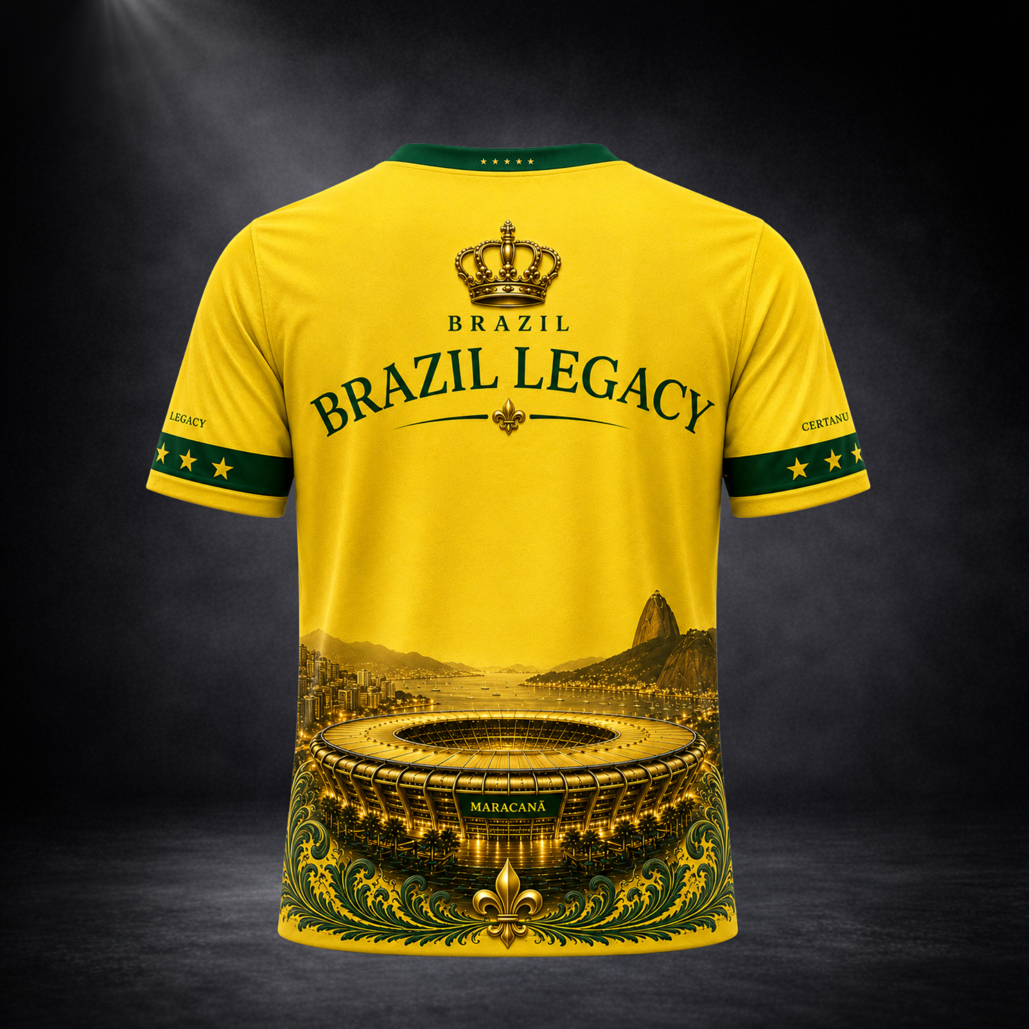 Rückansicht des CERTANU Brazil Legacy Premium Fußballshirts in leuchtendem Gelb mit dunkelgrünen Details vor einem dunklen Studiohintergrund. Das exklusive Rückendesign zeigt eine goldene Krone über dem Schriftzug „Brazil Legacy“, darunter das ikonische Maracanã-Stadion in Rio de Janeiro mit der Skyline und dem Zuckerhut im Hintergrund. Elegante grün-goldene Ornamente am Saum sowie grüne Ärmelbündchen mit goldenen Sternen verleihen dem Trikot einen luxuriösen Heritage-Look. Hochwertiges Funktionsshirt für B
