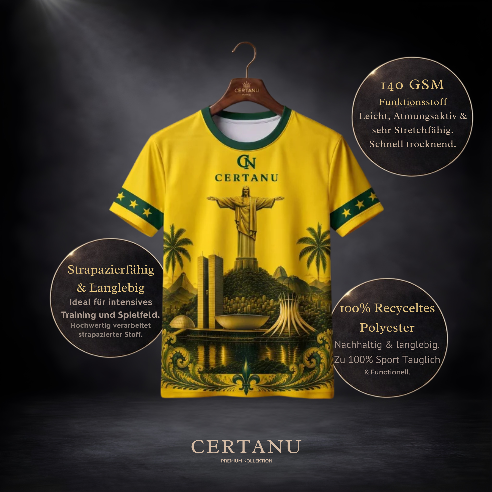 Freigestelltes CERTANU Brazil Legacy Premium Fußballshirt auf edlem Holzkleiderbügel vor dunklem Studiohintergrund. Das gelb-grüne Funktionsshirt zeigt auf der Vorderseite den Cristo Redentor, die Skyline von Brasília, tropische Palmen und elegante grün-goldene Ornamente im Heritage-Stil. Infografiken heben die Produkteigenschaften hervor: 140 GSM atmungsaktiver Funktionsstoff, strapazierfähige Verarbeitung und 100 % recyceltes Polyester. Hochwertiges Brasilien-Fanshirt für Fußball, Training, Freizeit, Stad