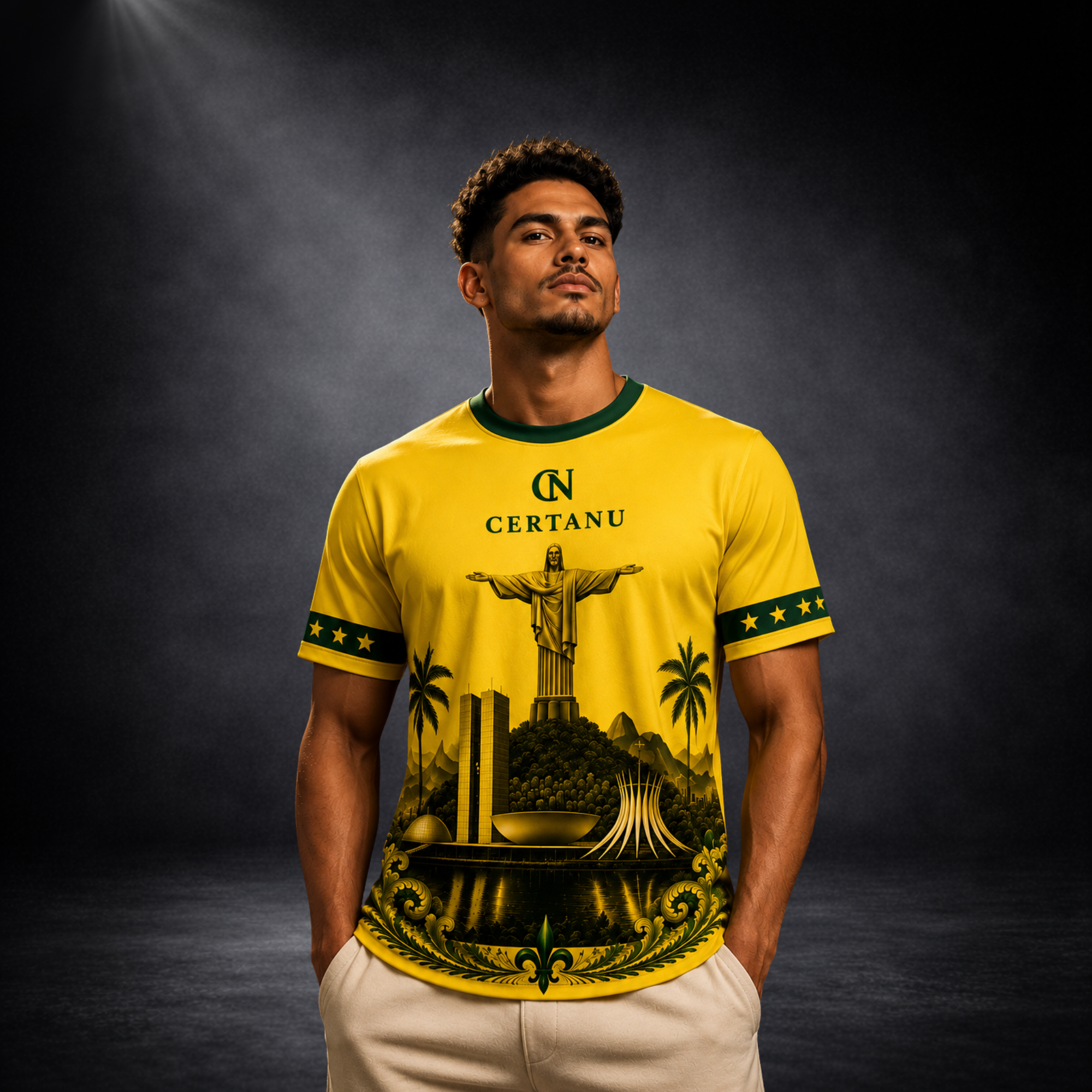 Junger Mann trägt das CERTANU Brazil Legacy Premium Fußballshirt in Gelb mit dunkelgrünen Akzenten vor einem eleganten dunklen Studiohintergrund. Das hochwertige Frontdesign zeigt die Christusstatue Cristo Redentor, die Skyline von Brasília, tropische Palmen und kunstvolle grün-goldene Heritage-Ornamente am unteren Saum. Grüne Ärmelbündchen mit goldenen Sternen und der atmungsaktive Funktionsstoff verleihen dem Brasilien-Fanshirt einen exklusiven Premium-Look. Ideal für Brasilien-Fans, Fußball, Training, Fr