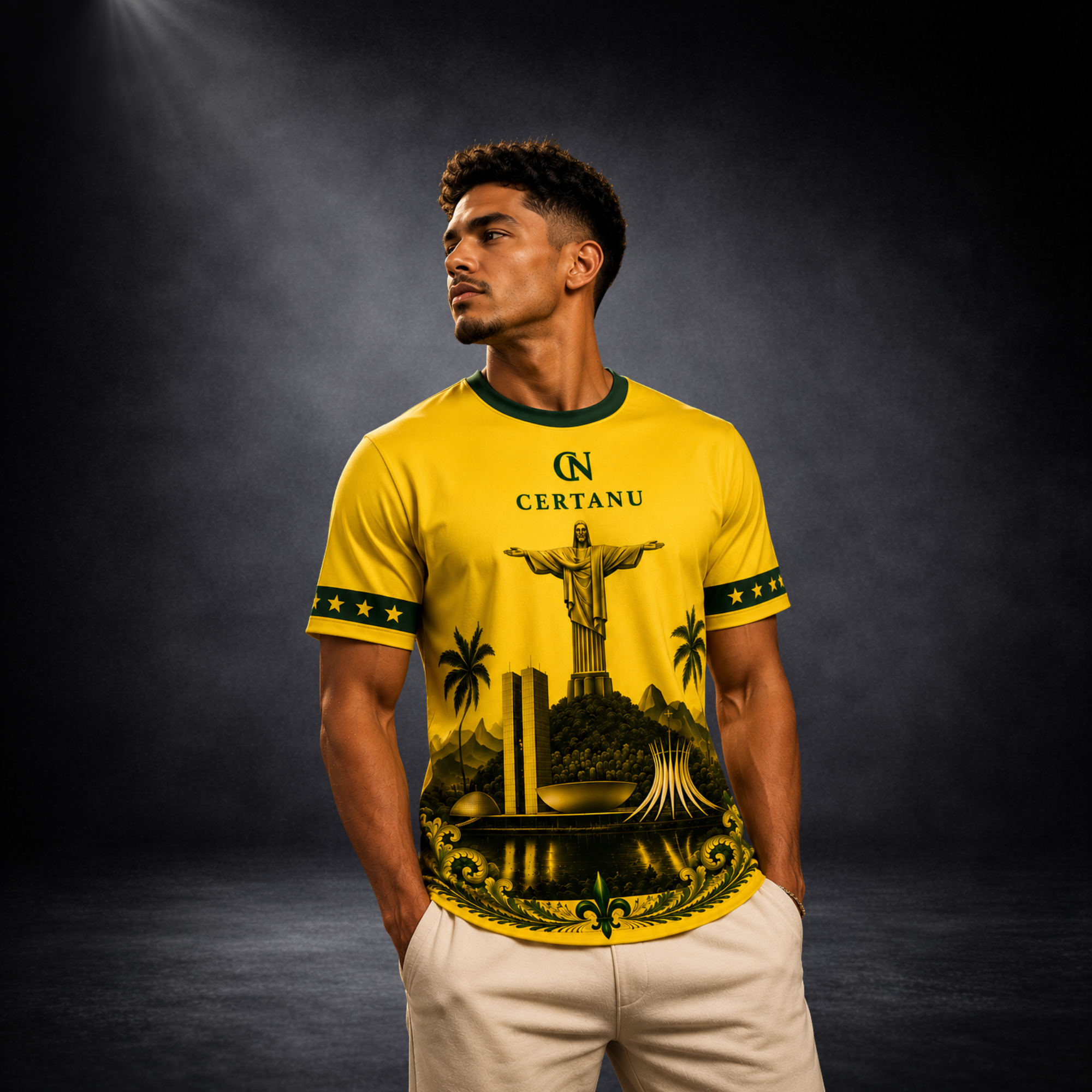 Junger Mann präsentiert das CERTANU Brazil Legacy Premium Fußballshirt in kräftigem Gelb mit dunkelgrünen Akzenten vor einem eleganten dunklen Studiohintergrund. Das exklusive Frontdesign zeigt die Christusstatue Cristo Redentor, die Skyline von Brasília, tropische Palmen und kunstvolle grün-goldene Heritage-Ornamente am unteren Saum. Die grünen Ärmelbündchen mit goldenen Sternen sowie der hochwertige, atmungsaktive Funktionsstoff verleihen dem Brasilien-Fanshirt einen luxuriösen Premium-Look. Perfekt für B