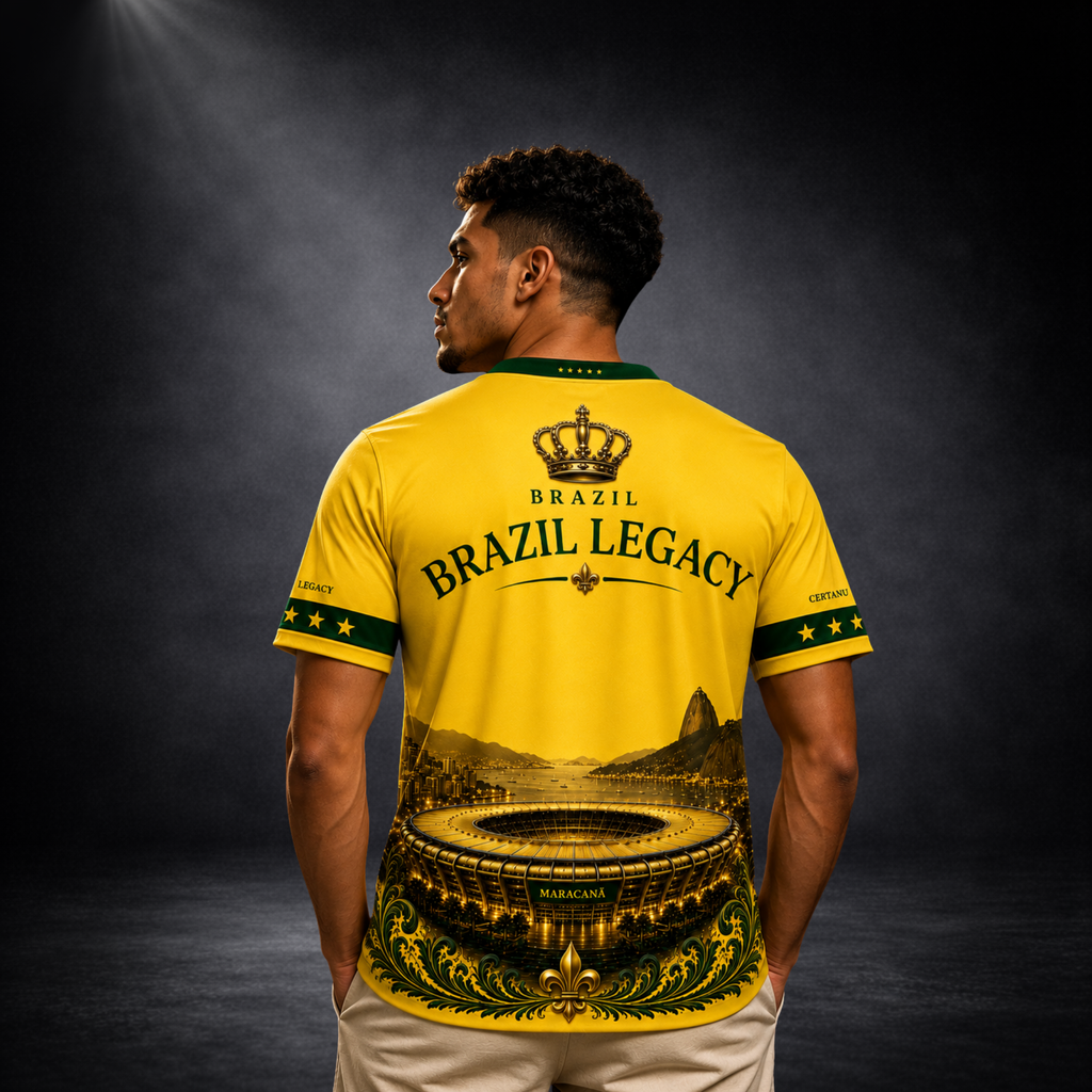 Rückansicht eines männlichen Models im CERTANU Brazil Legacy Premium Fußballshirt in Gelb mit dunkelgrünen Akzenten vor einem eleganten dunklen Studiohintergrund. Das exklusive Rückendesign zeigt eine goldene Krone über dem Schriftzug „Brazil Legacy“ sowie das legendäre Maracanã-Stadion in Rio de Janeiro mit Skyline, Zuckerhut und kunstvollen grün-goldenen Heritage-Ornamenten am unteren Saum. Grüne Ärmelbündchen mit goldenen Sternen und der hochwertige, atmungsaktive Funktionsstoff verleihen dem Brasilien-F