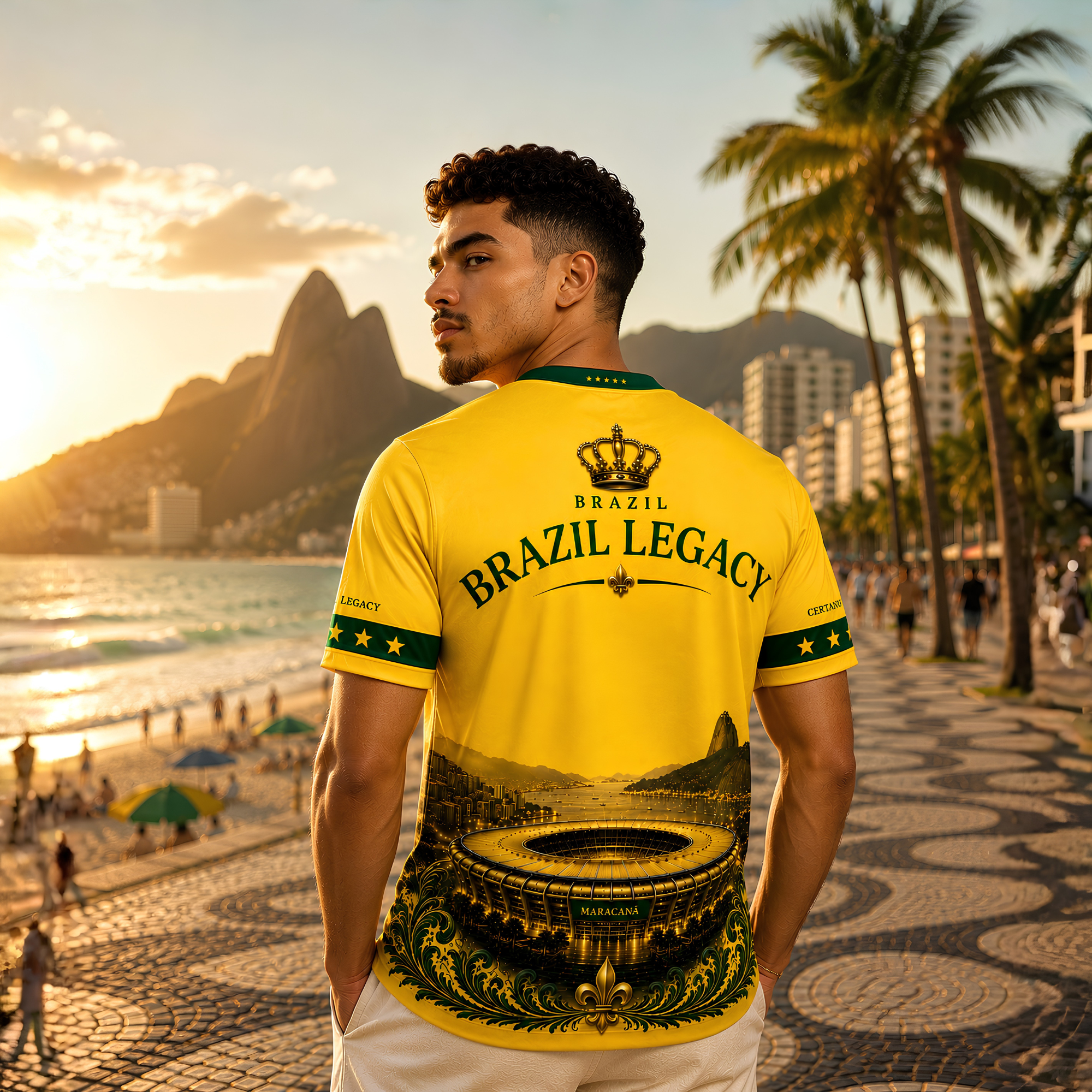 Rückansicht eines männlichen Models mit dem CERTANU Brazil Legacy Premium Fußballshirt an der Copacabana in Rio de Janeiro bei goldenem Sonnenuntergang. Das leuchtend gelbe Brasilien-Fanshirt mit grünen Akzenten zeigt auf der Rückseite den Schriftzug „Brazil Legacy“ unter einer goldenen Krone sowie eine detailreiche Darstellung des legendären Maracanã-Stadions mit eleganten grün-goldenen Ornamenten. Im Hintergrund sind die berühmte Copacabana-Promenade, Palmen, Strand, Meer und die markanten Berge von Rio d