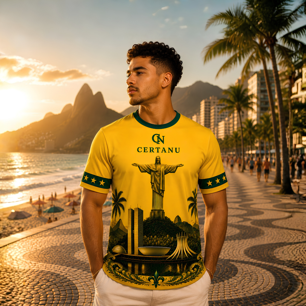 Männliches Model trägt das CERTANU Brazil Legacy Premium Fußballshirt in leuchtendem Gelb mit dunkelgrünen Akzenten an der berühmten Strandpromenade von Rio de Janeiro bei Sonnenuntergang. Das exklusive Frontdesign zeigt die Christusstatue, die Skyline von Brasília, tropische Palmen und elegante grün-goldene Heritage-Ornamente. Im Hintergrund sind der Strand, das Meer, die markante Copacabana-Promenade sowie die Berglandschaft von Rio zu sehen. Das hochwertige Brasilien-Fanshirt aus leichtem Funktionsstoff 