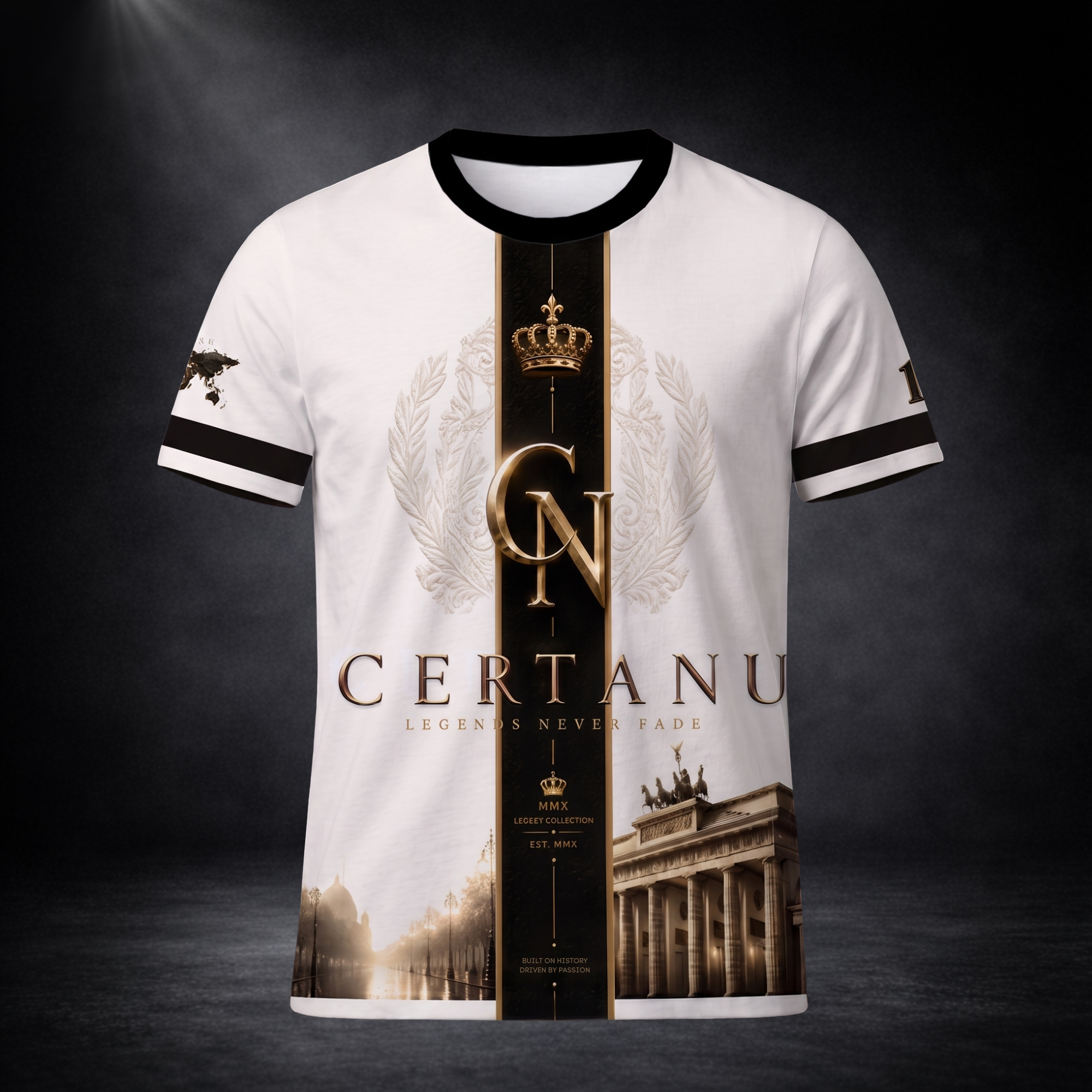 Vorderansicht des CERTANU Legends Never Fade Premium Fußballshirts in Weiß, Schwarz und Gold mit luxuriösem Heritage-Design. Das exklusive Funktionsshirt zeigt das goldene CERTANU-Monogramm mit Krone auf einem schwarzen Mittelstreifen sowie dezente Lorbeerornamente und Berliner Wahrzeichen wie das Brandenburger Tor. Elegante Details in Gold, hochwertige Verarbeitung und sportlicher Schnitt machen das Shirt ideal für Fußballfans, Streetwear, Freizeit, Stadionbesuche und die FIFA Fußball-Weltmeisterschaft.