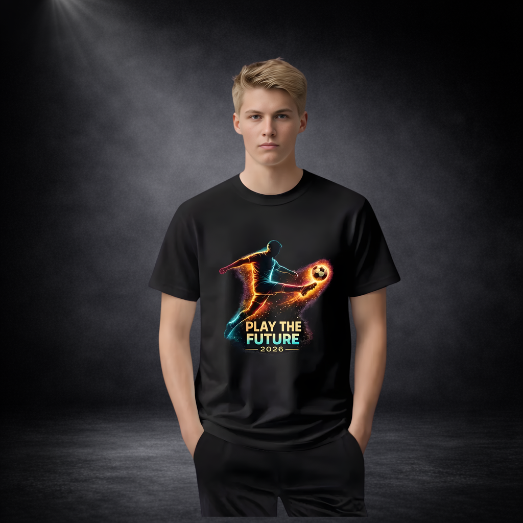 Männliches Model trägt ein schwarzes T-Shirt mit leuchtendem Fußballspieler-Motiv und Schriftzug „Play The Future 2026“, vor dunklem Studio-Hintergrund frontal dargestellt