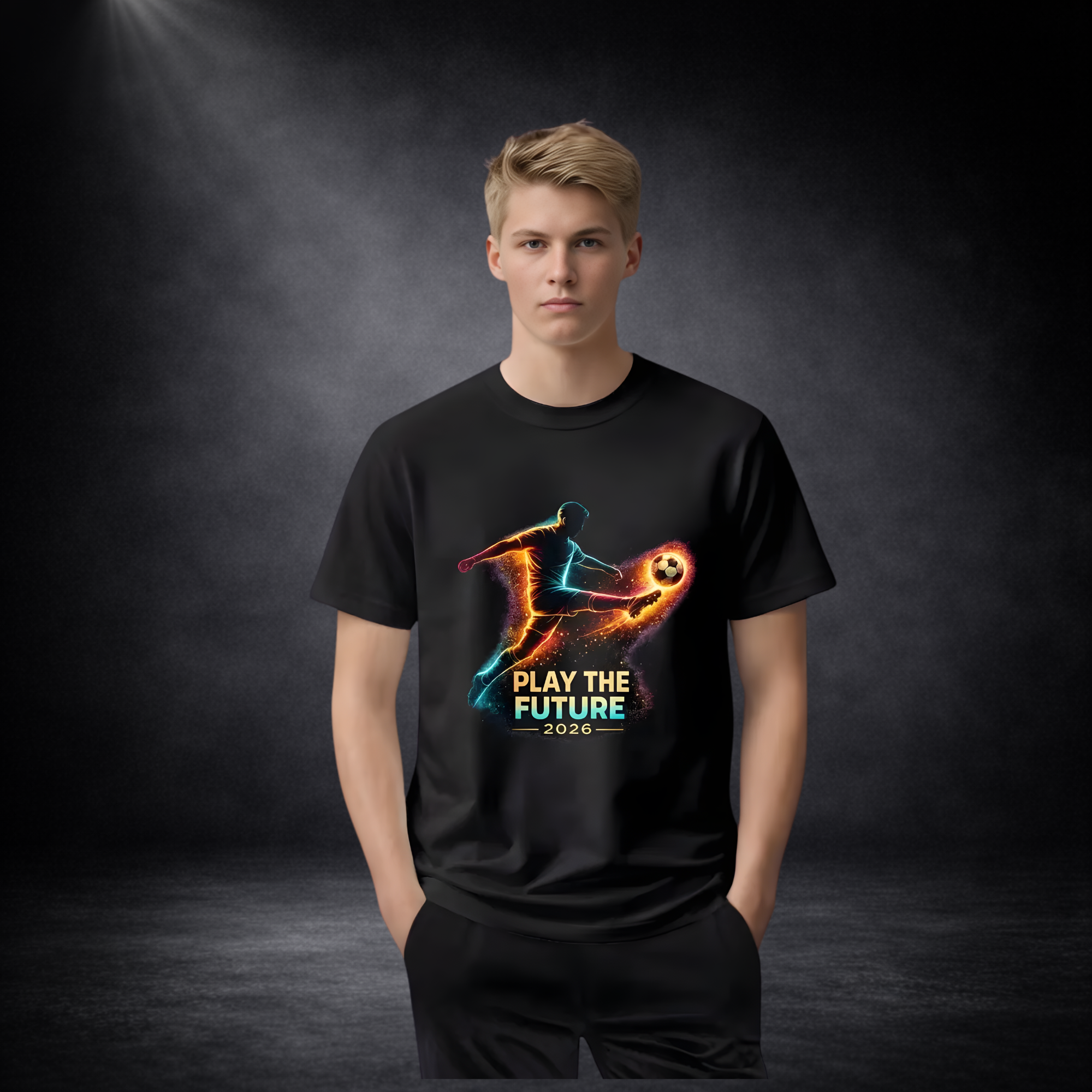 Männliches Model trägt ein schwarzes T-Shirt mit leuchtendem Fußballspieler-Motiv und Schriftzug „Play The Future 2026“, vor dunklem Studio-Hintergrund frontal dargestellt