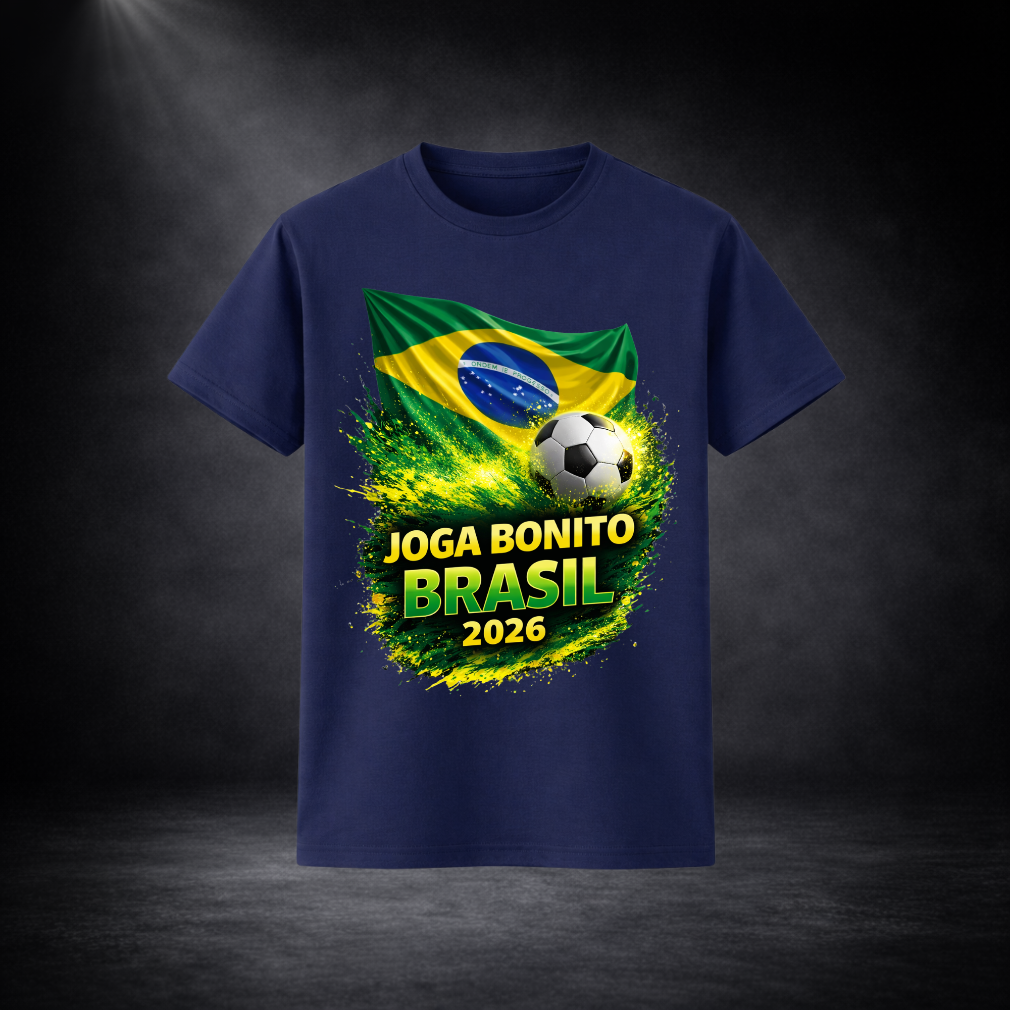 Blaues Brasilien Fußball T-Shirt mit „Joga Bonito Brasil 2026“ Print, brasilianische Flagge und Fußball Motiv, WM 2026 Fan Shirt, sportliches Herren T-Shirt für Fußballfans und Streetwear Style