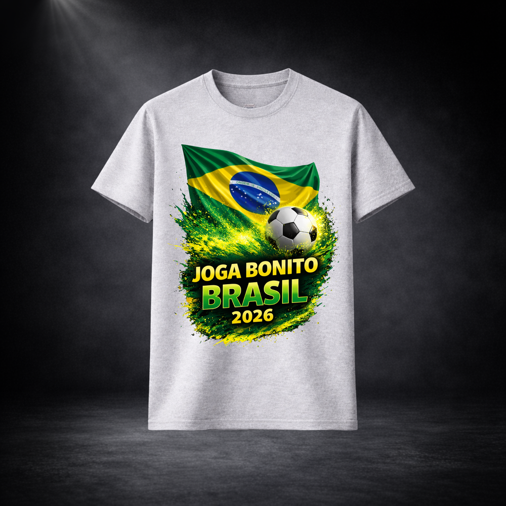 Graues Brasilien Fußball T-Shirt mit „Joga Bonito Brasil 2026“ Print, brasilianische Flagge und Fußball Motiv, WM 2026 Fan Shirt, sportliches Herren T-Shirt für Fußballfans und Streetwear Style