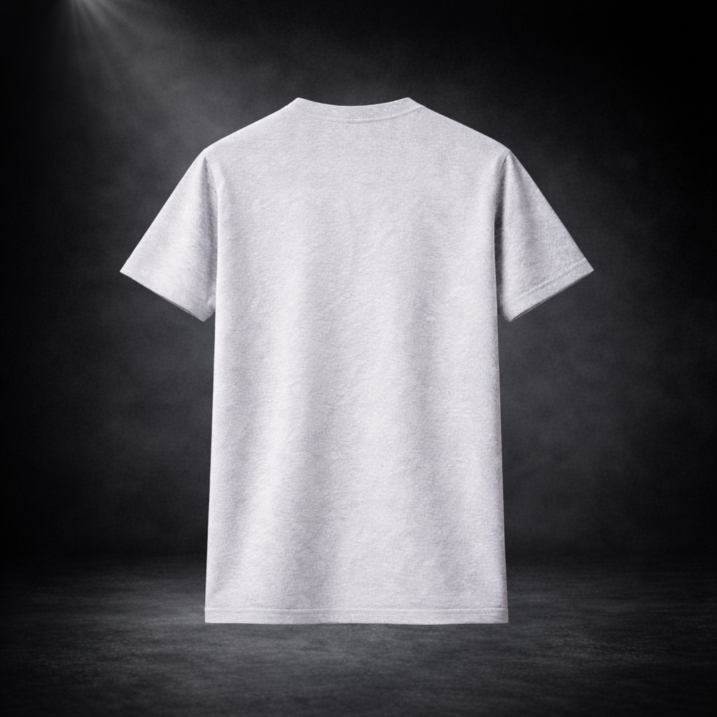 Graues T-Shirt Rückseite ohne Druck, schlichtes Basic Shirt im Studio Hintergrund, minimalistisches Baumwoll T-Shirt für Herren, neutraler Look für Alltag und Streetwear