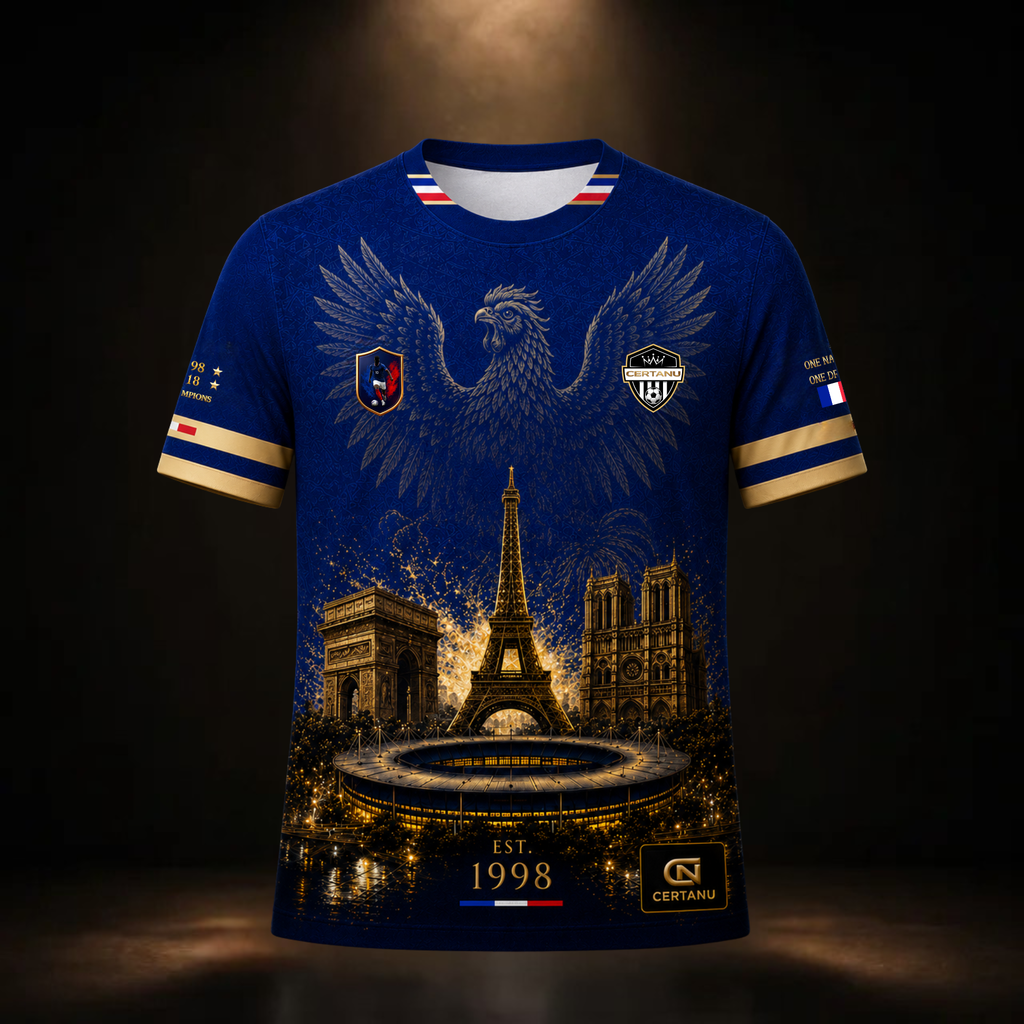 Dunkelblaues CERTANU Frankreich Fußball Fan-Shirt mit detailreichem Premium-Design in Gold. Die Vorderseite zeigt einen majestätischen französischen Hahn über dem Eiffelturm, dem Arc de Triomphe, der Kathedrale Notre-Dame und einem beleuchteten Fußballstadion. Goldene Akzente, französische Flaggenfarben am Kragen und an den Ärmeln sowie die Jahreszahl 1998 als Hommage an den Weltmeistertitel Frankreichs verleihen dem Shirt einen luxuriösen Look. Hochwertige Frankreich Fanwear für Fußballfans, WM, EM, Stadio