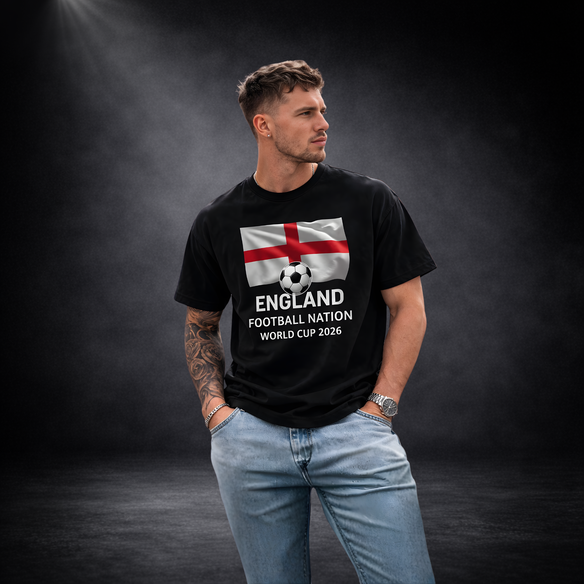 Männliches Model trägt schwarzes T-Shirt mit England-Flagge und „England Football Nation World Cup 2026“-Print, lässige Pose vor dunklem Studio-Hintergrund