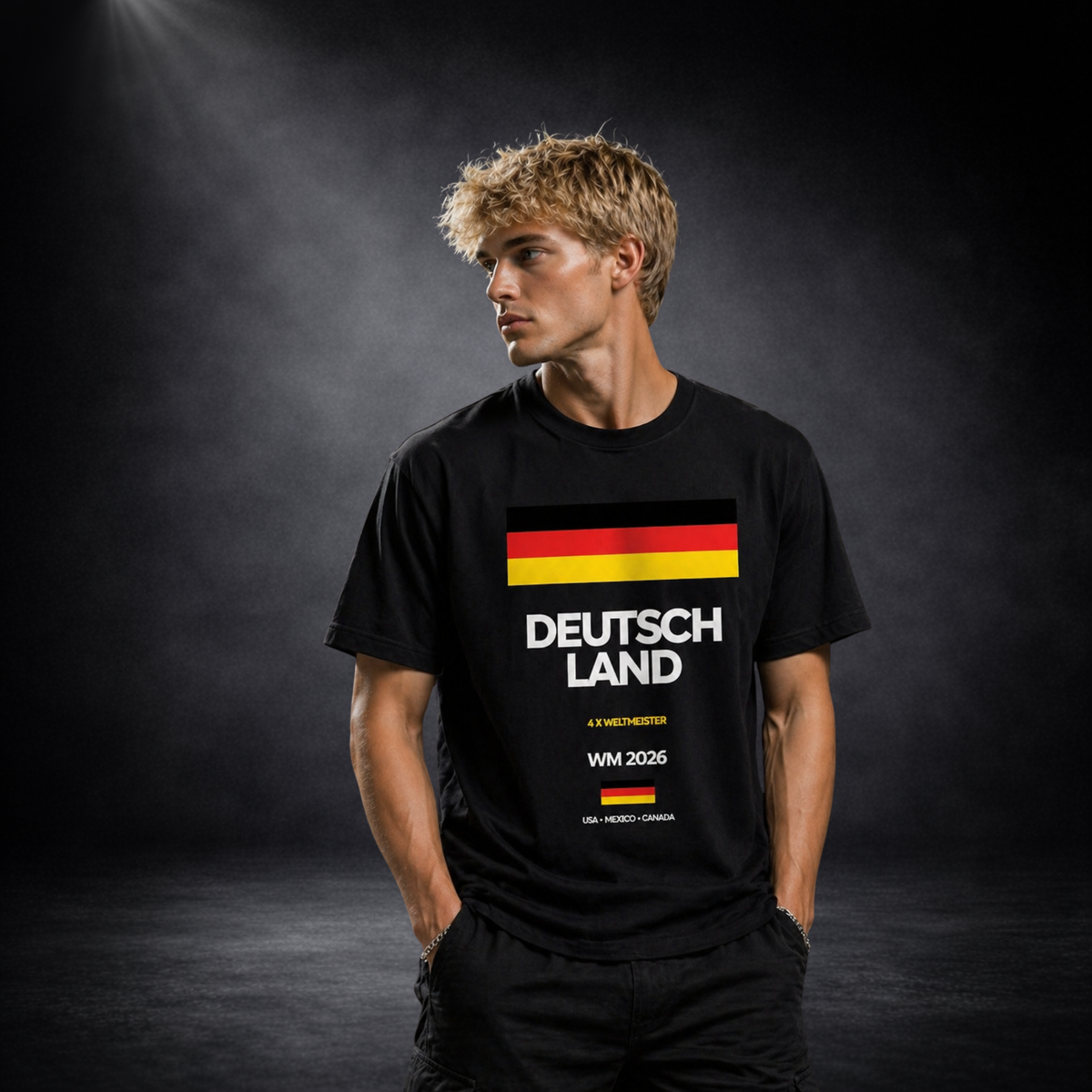Deutschland Fußball T-Shirt Herren – Schwarz Rot Gold – WM 2026 Fan Shirt – 4 Sterne Weltmeister Shirt