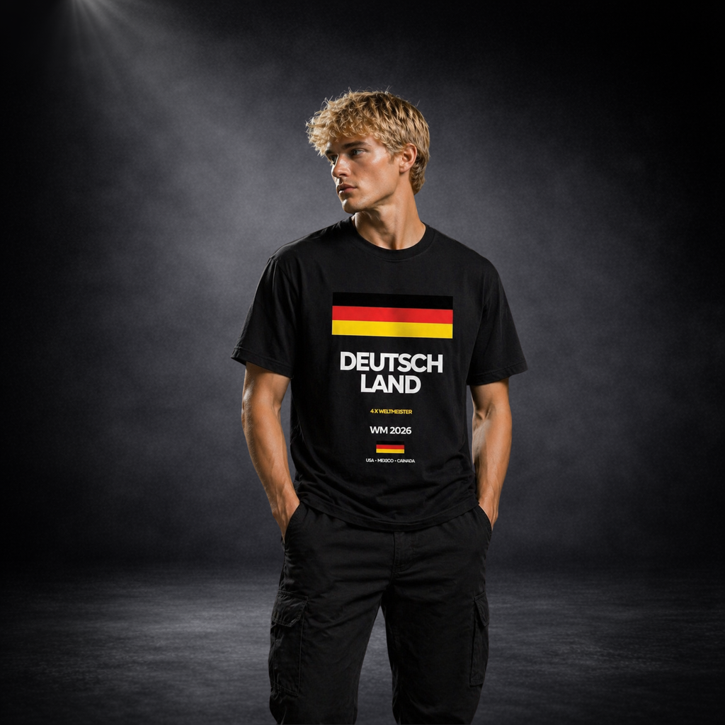 Männliches Model trägt schwarzes Deutschland Fußball T-Shirt mit Flaggen-Design und „Deutschland WM 2026“ Print, Frontansicht, moderner Studiohintergrund, Streetwear Look