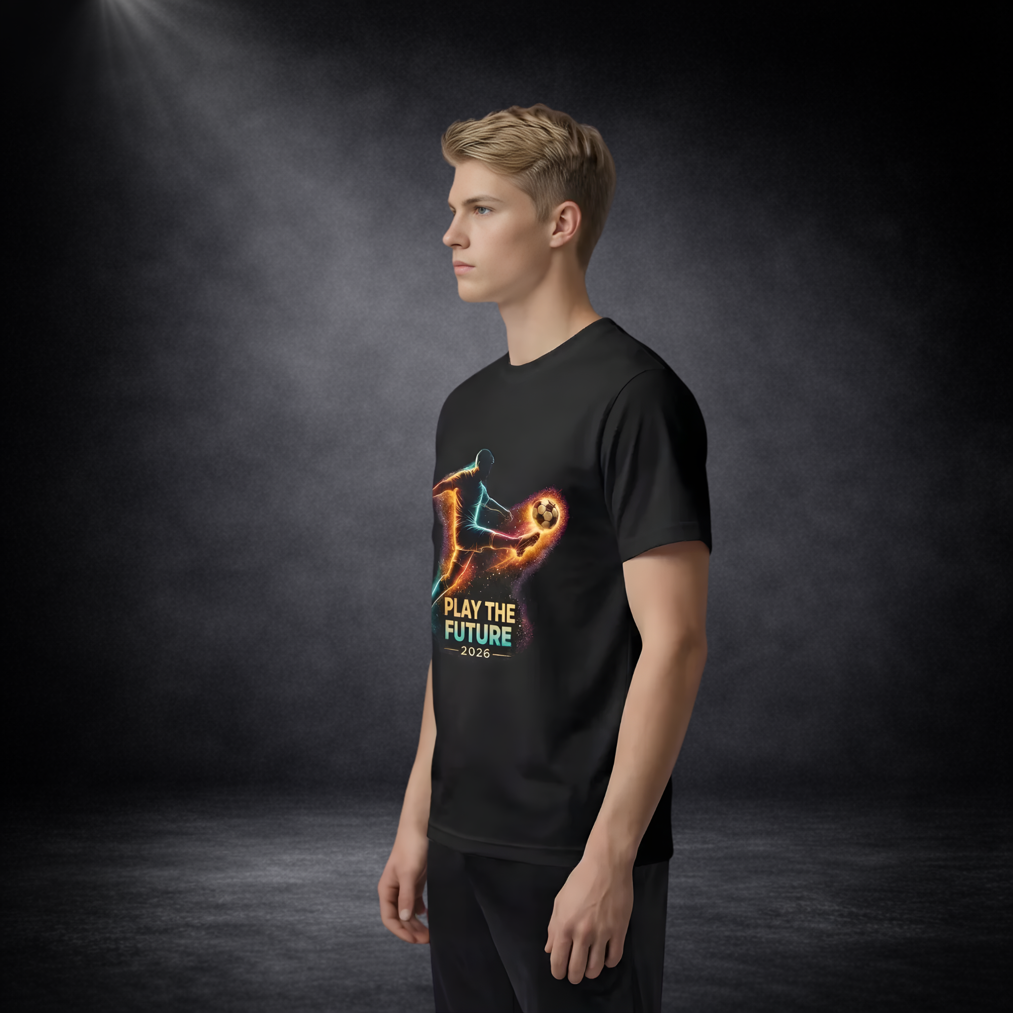 Männliches Model in Seitenansicht trägt ein schwarzes T-Shirt mit leuchtendem Fußballspieler-Motiv und Schriftzug „Play The Future 2026“, vor dunklem Studio-Hintergrund