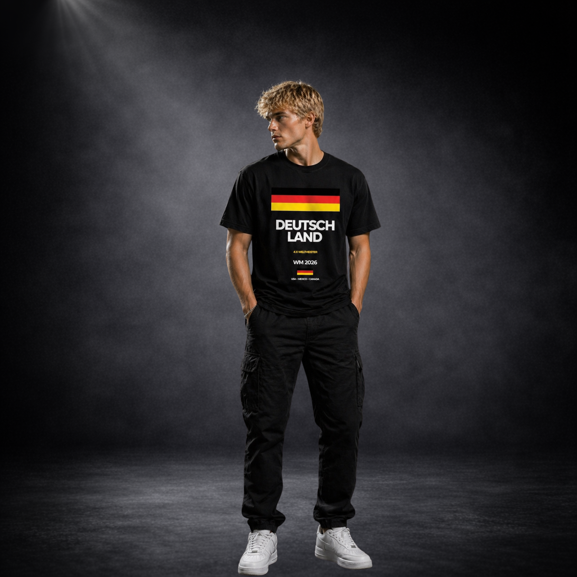 Junger Mann im schwarzen Deutschland WM 2026 T-Shirt mit Flaggenmotiv und „Deutschland“ Schriftzug, Ganzkörperaufnahme, lässiger Streetwear Style vor dunklem Studiohintergrund