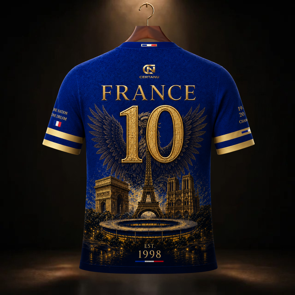Rückansicht eines exklusiven dunkelblauen Frankreich Fußball Fan-Shirts von CERTANU auf einem hochwertigen Holzkleiderbügel. Das Design zeigt eine große goldene Nummer 10 vor einem stilisierten französischen Hahn mit ausgebreiteten Flügeln. Darunter befinden sich der Eiffelturm, der Arc de Triomphe, die Kathedrale Notre-Dame und ein modernes Fußballstadion in luxurieller Goldoptik. Oberhalb der Nummer steht „FRANCE“, darunter „EST. 1998“ als Hommage an den ersten Weltmeistertitel Frankreichs. Goldene Ärmels
