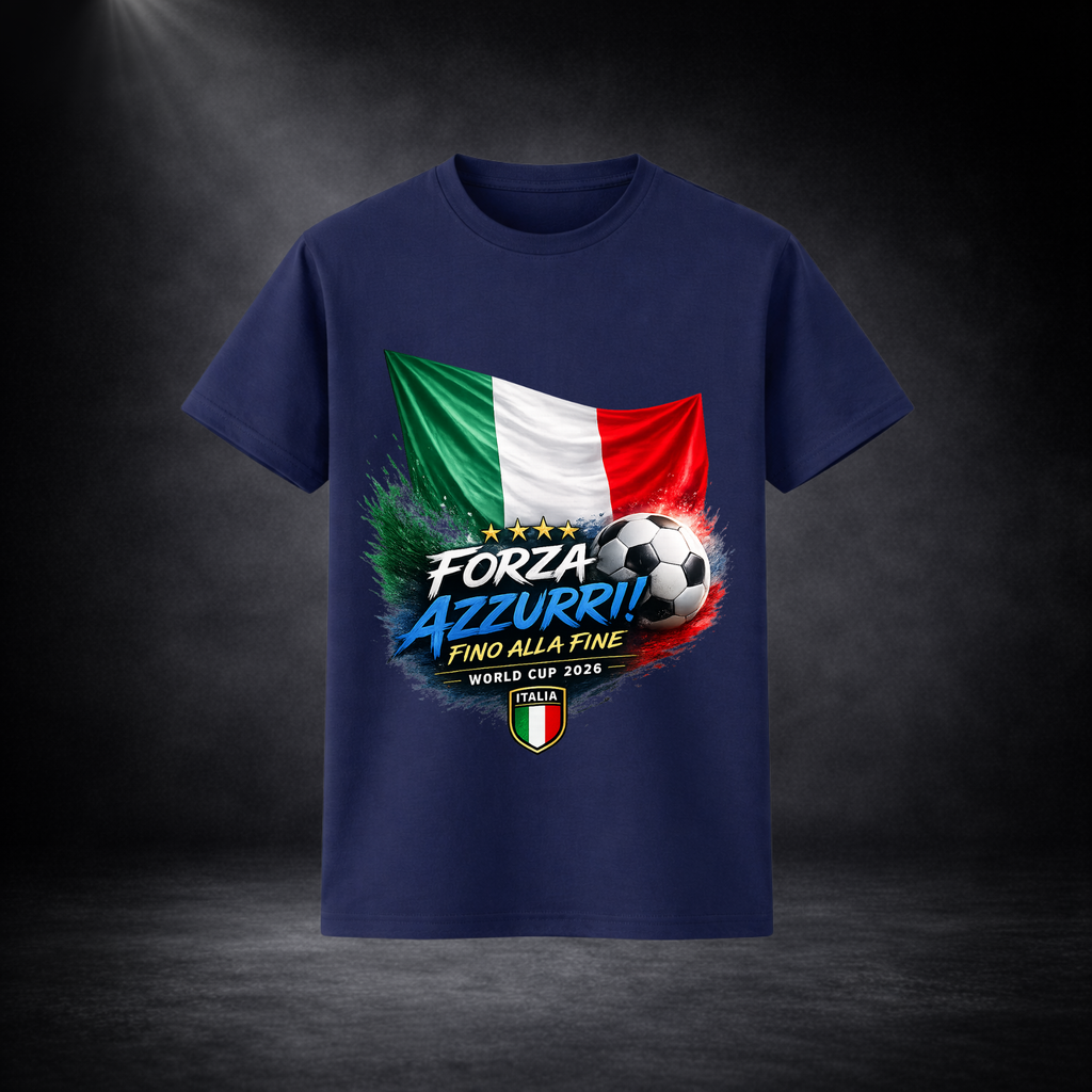 Blaues Italien Fußball T-Shirt mit „Forza Azzurri – Fino Alla Fine World Cup 2026“ Design, italienischer Flagge und Fußballmotiv, freigestellt vor dunklem Studiohintergrund