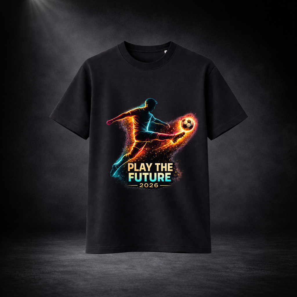 Schwarzes T-Shirt mit leuchtendem Fußballspieler-Motiv und Schriftzug „Play The Future 2026“, freigestellt vor dunklem Studio-Hintergrund