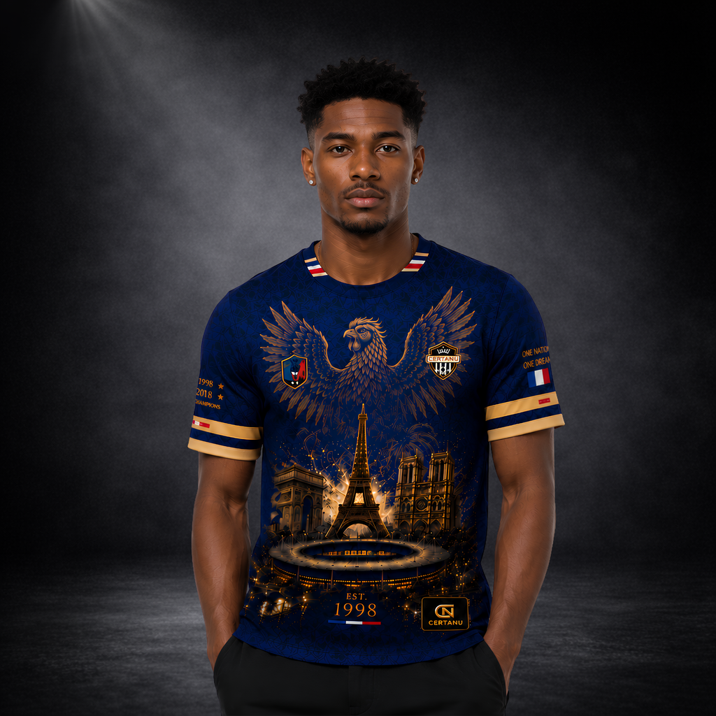 Junger männlicher Fußballfan trägt ein dunkelblaues CERTANU Frankreich Fan-Shirt mit hochwertigem Gold-Design. Das Motiv zeigt einen großen französischen Hahn über dem Eiffelturm, dem Arc de Triomphe und der Kathedrale Notre-Dame in Paris. Goldene Details, französische Flaggen-Elemente und die Jahreszahlen 1998 und 2018 erinnern an die Weltmeistertitel Frankreichs. Premium Fußball Streetwear im luxuriösen Frankreich-Look mit modernem Fanwear-Design für WM, EM und internationale Fußballturniere. Realistische