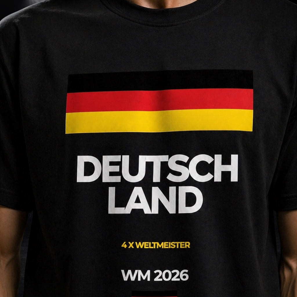 Detailaufnahme eines schwarzen Deutschland T-Shirts mit Flaggenstreifen und „Deutschland WM 2026“ Aufdruck, hochwertiger Frontprint mit Schriftzug „4x Weltmeister“, Nahaufnahme im Studio-Look