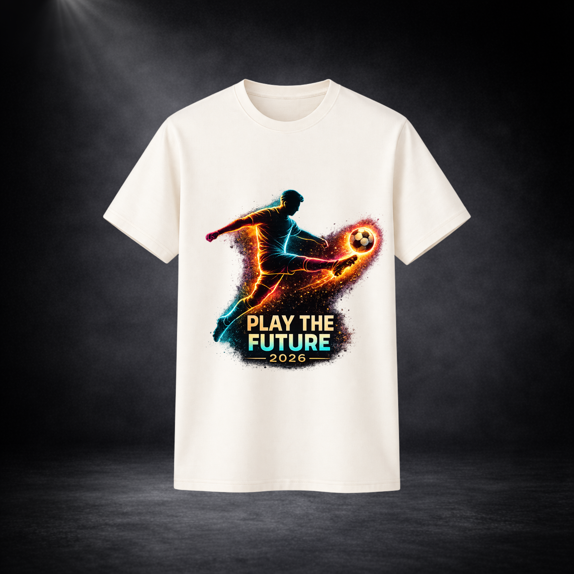 Beiges T-Shirt mit farbigem Fußballspieler-Print und Schriftzug „Play the Future 2026“, freigestellt vor dunklem Studio-Hintergrund