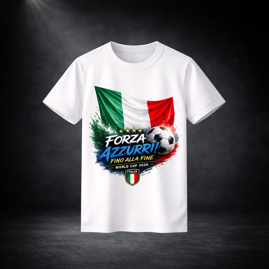 Weißes Italien Fußball T-Shirt mit „Forza Azzurri“ Design und italienischer Flagge, WM 2026 Fan Shirt mit Fußball Motiv, hochwertiger Druck auf hellem Shirt im Studio Hintergrund