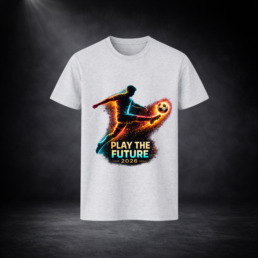 Hellgraues T-Shirt mit leuchtendem Fußballspieler-Print und Schriftzug „Play the Future 2026“, freigestellt vor dunklem Studio-Hintergrund