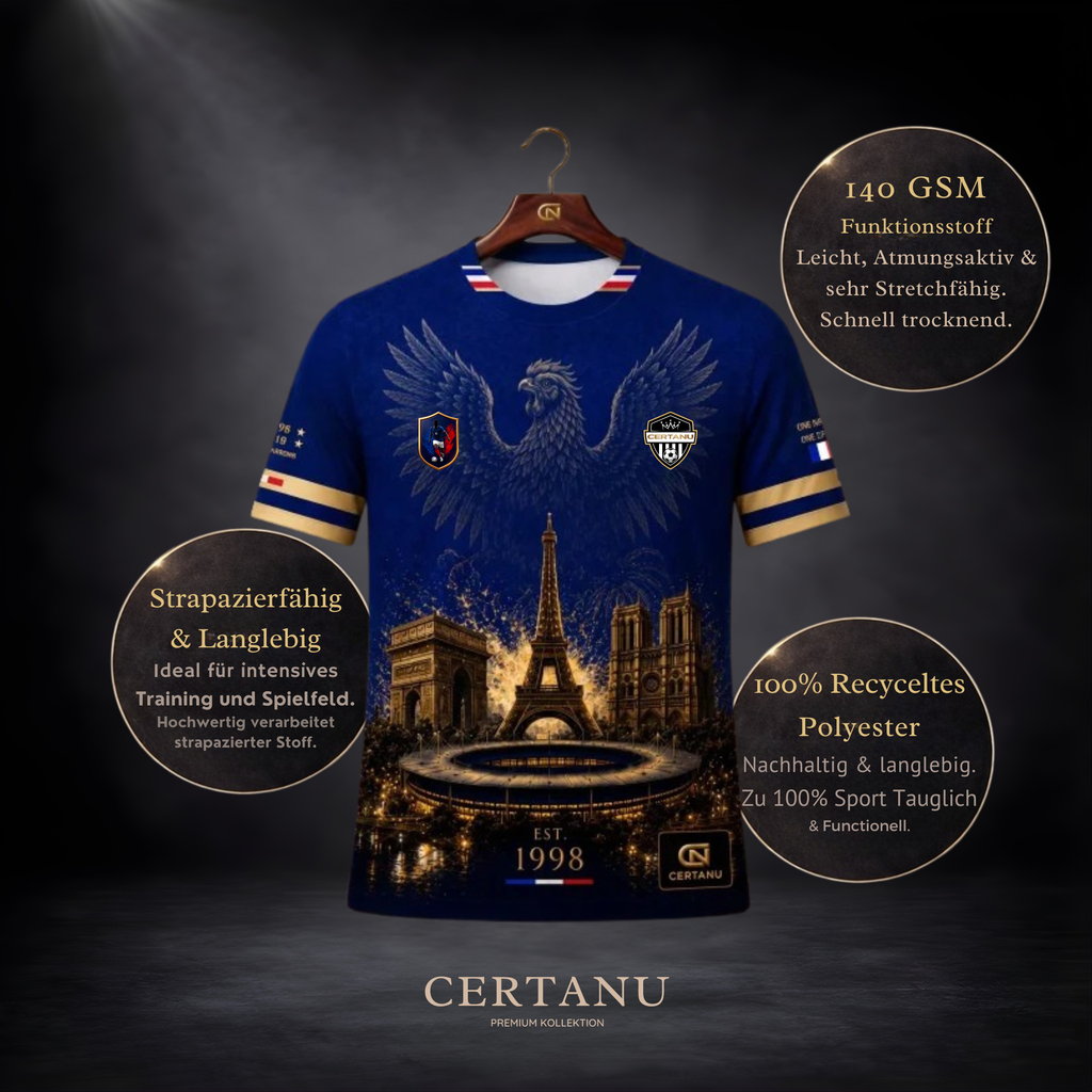 Französisches Fußball Fan-Shirt von CERTANU in tiefem Königsblau mit luxuriellen Goldakzenten. Das Design zeigt einen stilisierten französischen Hahn über dem Eiffelturm, dem Arc de Triomphe, der Kathedrale Notre-Dame und einem modernen Fußballstadion. Goldene Ärmelstreifen, Frankreich-Flaggen und hochwertige Details verleihen dem Trikot einen exklusiven Streetwear-Look. Die Infografik hebt die Produkteigenschaften hervor: 140 GSM Funktionsstoff, leicht, atmungsaktiv, schnelltrocknend, strapazierfähig sowie