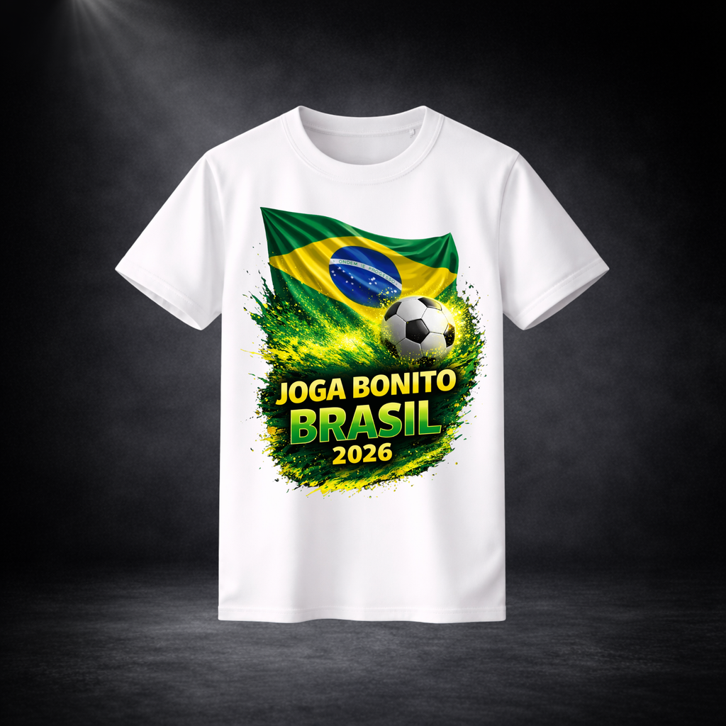 Weißes Brasilien Fußball T-Shirt mit „Joga Bonito Brasil 2026“ Print, brasilianische Flagge und Fußball Design, WM 2026 Fan Shirt, sportliches Herren T-Shirt für Fußballfans und Streetwear Look