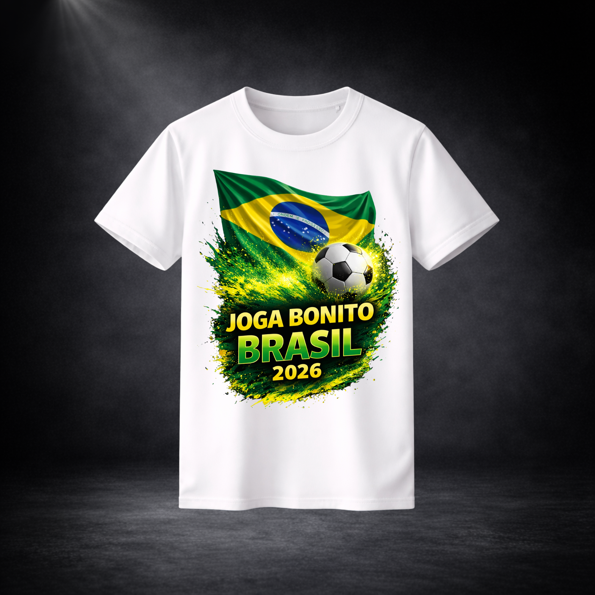 Weißes Brasilien Fußball T-Shirt mit „Joga Bonito Brasil 2026“ Print, brasilianische Flagge und Fußball Design, WM 2026 Fan Shirt, sportliches Herren T-Shirt für Fußballfans und Streetwear Look