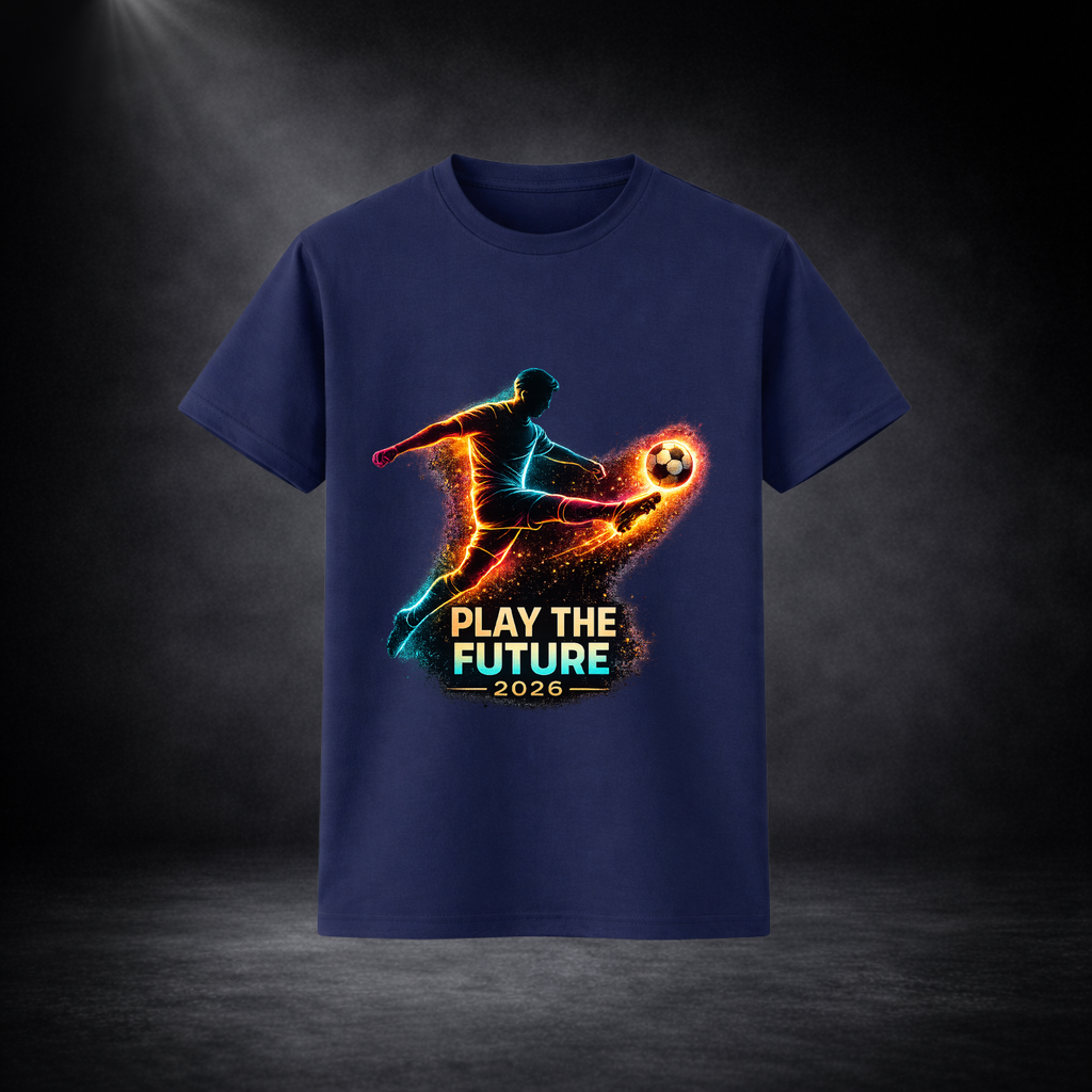 Blaues T-Shirt mit leuchtendem Fußballspieler-Print und Schriftzug „Play the Future 2026“, freigestellt vor dunklem Studio-Hintergrund