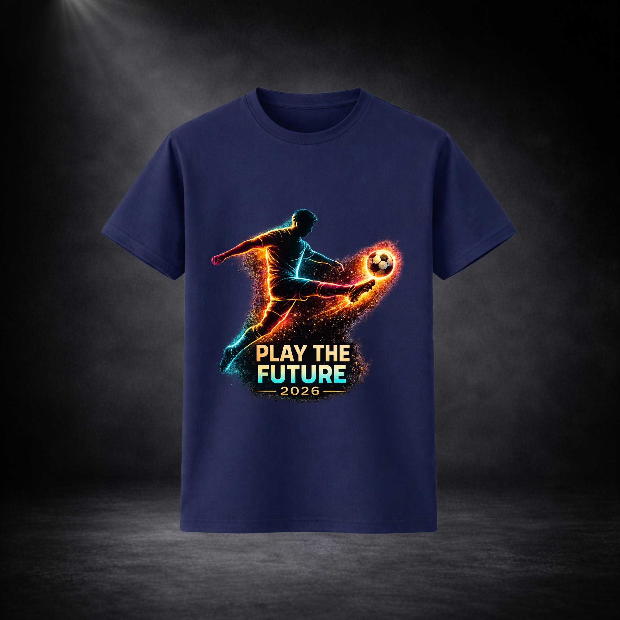 Blaues T-Shirt mit leuchtendem Fußballspieler-Print und Schriftzug „Play the Future 2026“, freigestellt vor dunklem Studio-Hintergrund