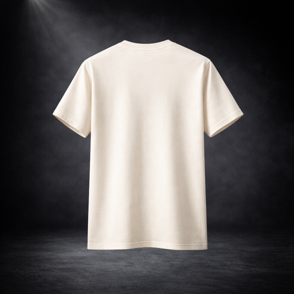 Rückseite eines beigen T-Shirts ohne Druck im cleanen Studio-Setup, minimalistisches Basic Shirt für Print-on-Demand, neutraler dunkler Hintergrund mit weicher Spotlight-Beleuchtung