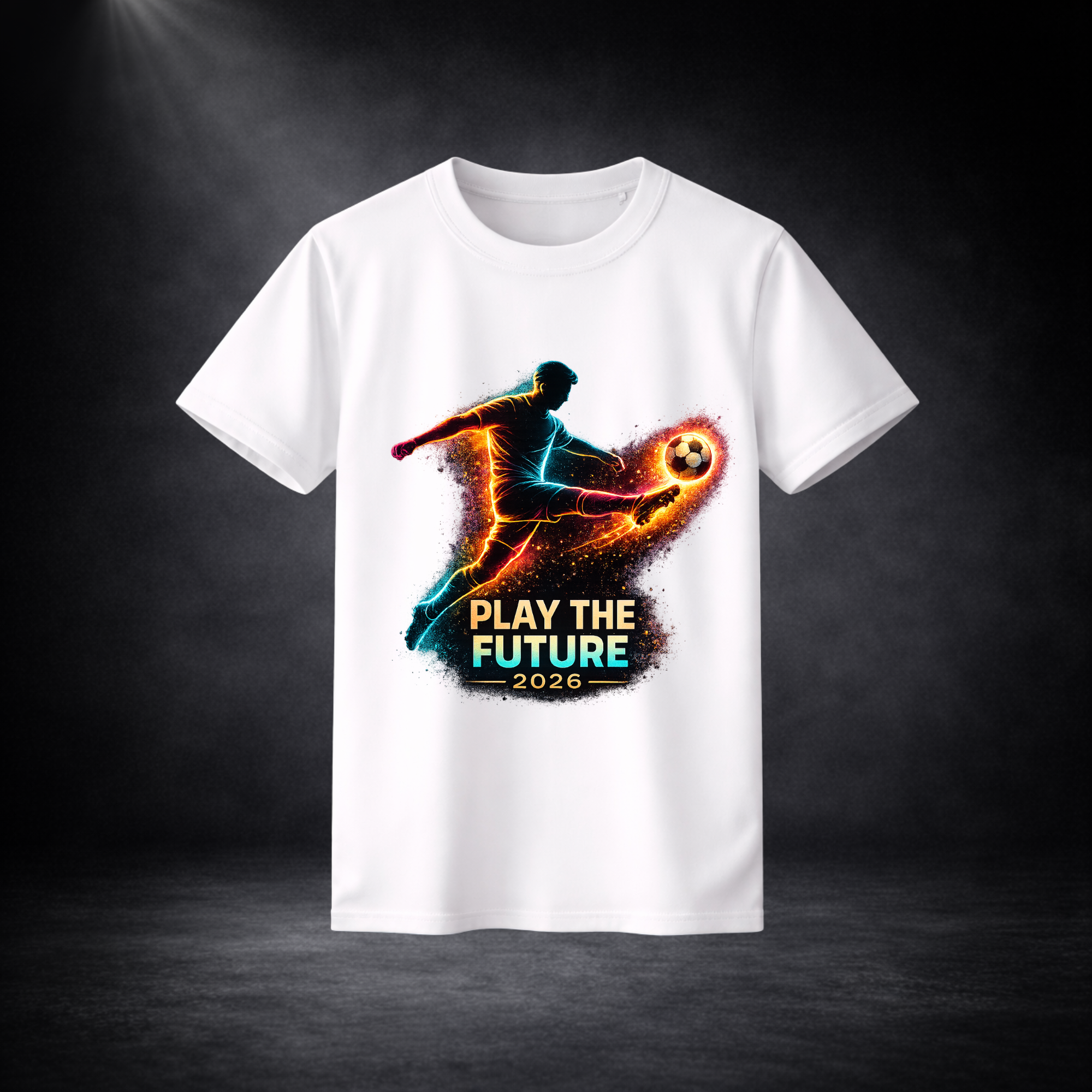 Weißes T-Shirt mit farbigem Fußballspieler-Print und Schriftzug „Play the Future 2026“, freigestellt vor dunklem Studio-Hintergrund