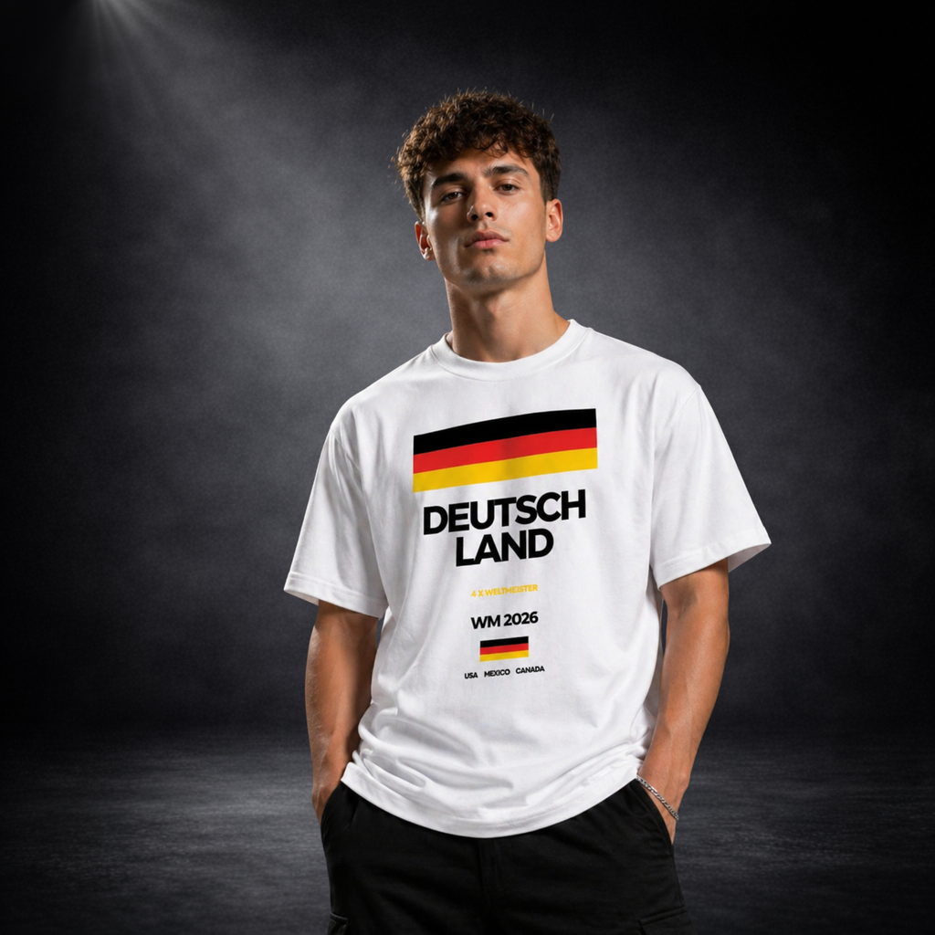 Junger Mann trägt weißes Deutschland Fußball T-Shirt mit großem Flaggen-Print und „DEUTSCHLAND“ Schriftzug, WM 2026 Fan Design, Studioaufnahme vor dunklem Hintergrund