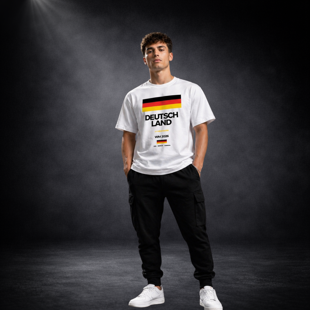 Ganzkörperaufnahme eines männlichen Models mit weißem Deutschland Fußball T-Shirt „DEUTSCHLAND WM 2026“ Frontprint, schwarze Hose und Sneaker, Studioaufnahme mit dunklem Hintergrund