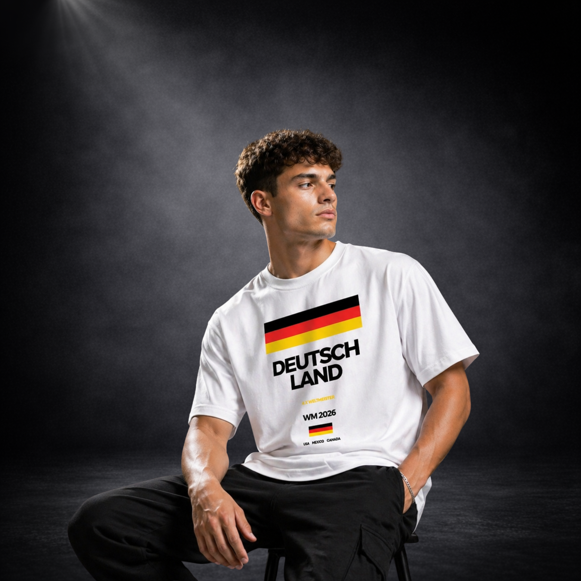 Männliches Model sitzt im Studio und trägt weißes Deutschland Fußball T-Shirt mit Frontprint „DEUTSCHLAND WM 2026“ und Flaggen-Design, dunkler Hintergrund, hochwertiges Produktbild