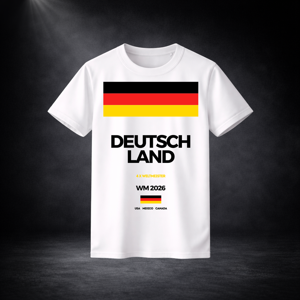 Weißes Deutschland Fußball T-Shirt Rückseite mit „Schwarz Rot Gold“ Design, WM Titel 1954–2014 und „Der 5. Stern 2026“ Print, Fan Shirt Studioaufnahme dunkler Hintergrund