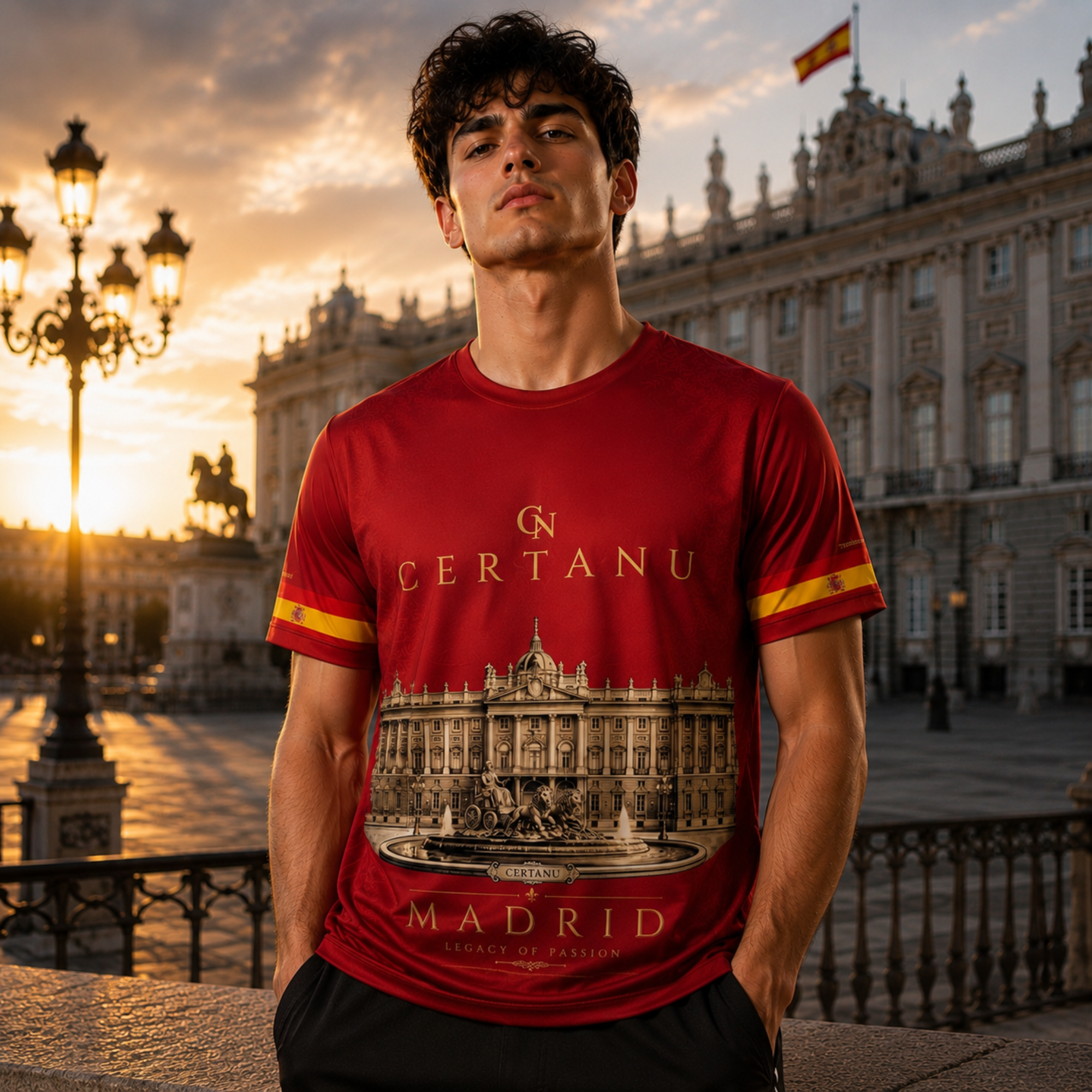 Lifestyle-Aufnahme eines männlichen Models im CERTANU Madrid Legacy Premium Fußballshirt vor dem Königspalast in Madrid bei Sonnenuntergang. Das bordeauxrote Funktionsshirt zeigt ein detailreiches Design mit dem Palacio Real, goldenen CERTANU-Schriftzügen und eleganten Akzenten in den Farben Spaniens auf den Ärmeln. Hochwertiges Sportshirt aus recyceltem Polyester für Fußball, Training, Freizeit und Spanien-Fans mit exklusivem Premium-Design.