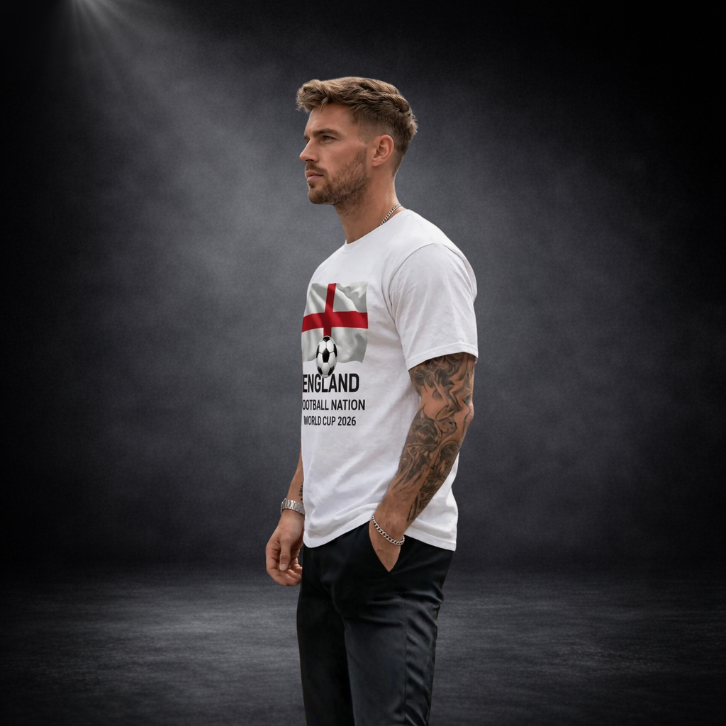 Seitenansicht eines Mannes mit weißem T-Shirt, England-Flaggen- und Fußballmotiv sowie „England Football Nation World Cup 2026“-Aufdruck vor dunklem Studio-Hintergrund