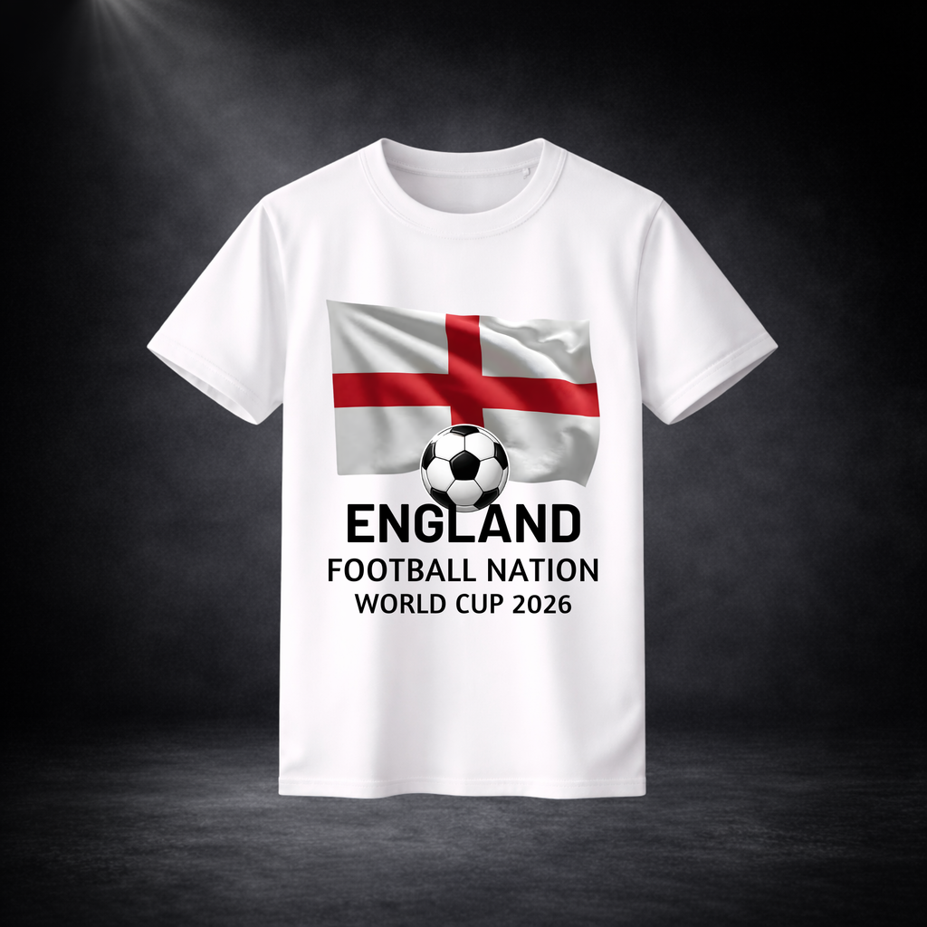 Weißes T-Shirt mit England-Flagge, Fußballmotiv und dem Schriftzug „England Football Nation World Cup 2026“ vor dunklem Studio-Hintergrund
