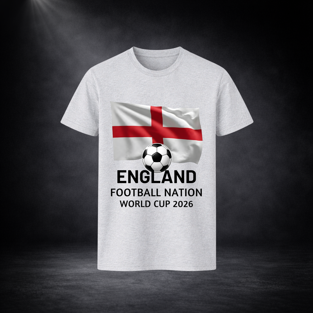 Graues T-Shirt mit England-Flagge, Fußballmotiv und „England Football Nation World Cup 2026“-Aufdruck vor dunklem Studio-Hintergrund