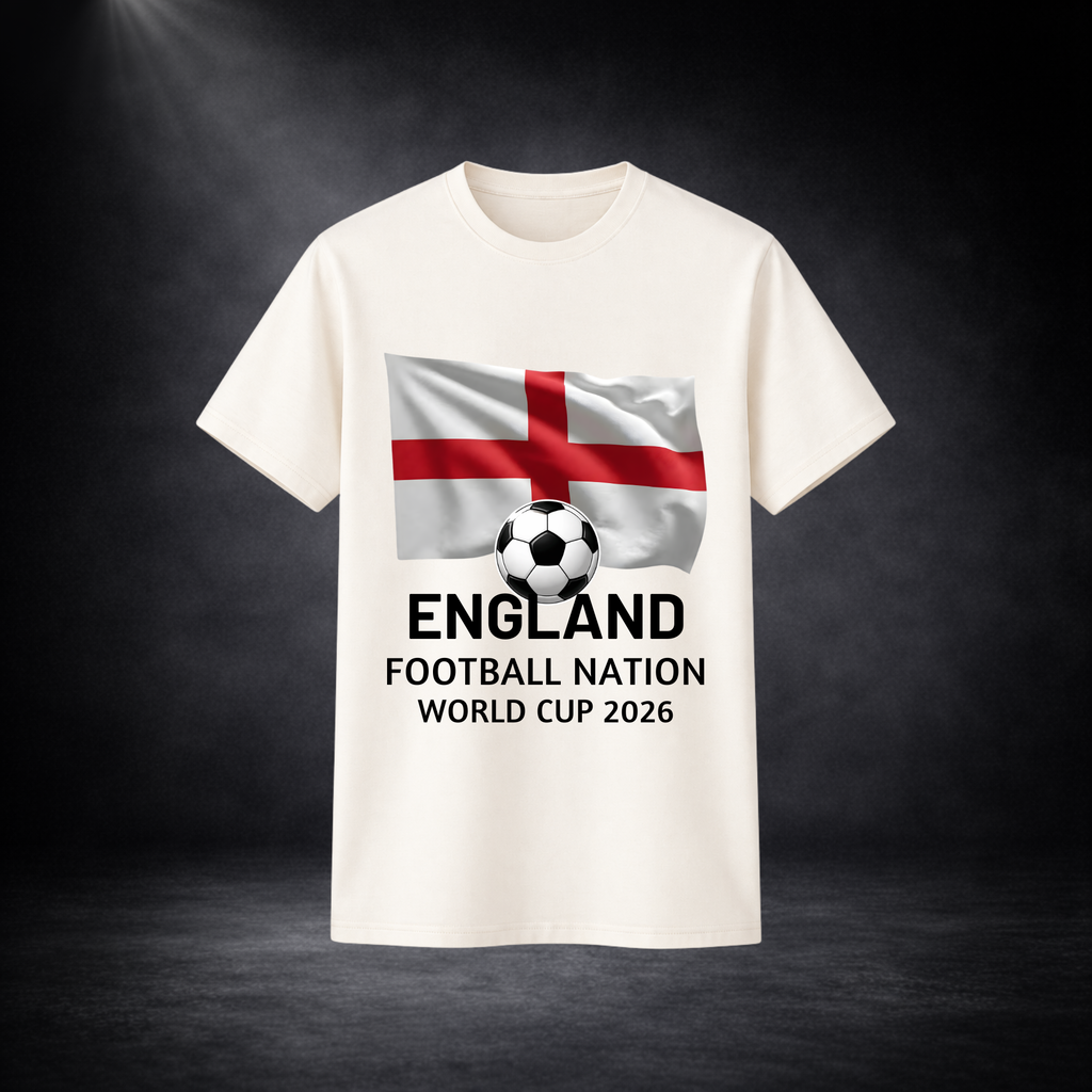 Beiges T-Shirt mit England-Flagge, Fußballmotiv und „England Football Nation World Cup 2026“-Aufdruck vor dunklem Studio-Hintergrund