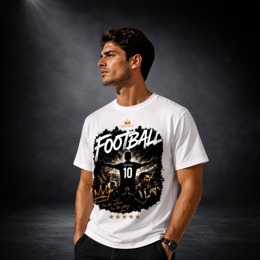 Rückansicht eines jungen Mannes in einem schlichten weißen T-Shirt vor dunklem Studiohintergrund mit weicher Spotlight-Beleuchtung. Das Shirt besitzt keine sichtbaren Drucke oder Grafiken auf der Rückseite und präsentiert einen klassischen, modernen Regular-Fit-Schnitt. Die neutrale Produktaufnahme zeigt die Passform, die Ärmel, den Rundhalsausschnitt und die Rückenansicht des Kleidungsstücks. Ideal als Rückansicht für Shopify-Produktfotos, E-Commerce, Print-on-Demand-Produkte, individuelle T-Shirt-Designs 