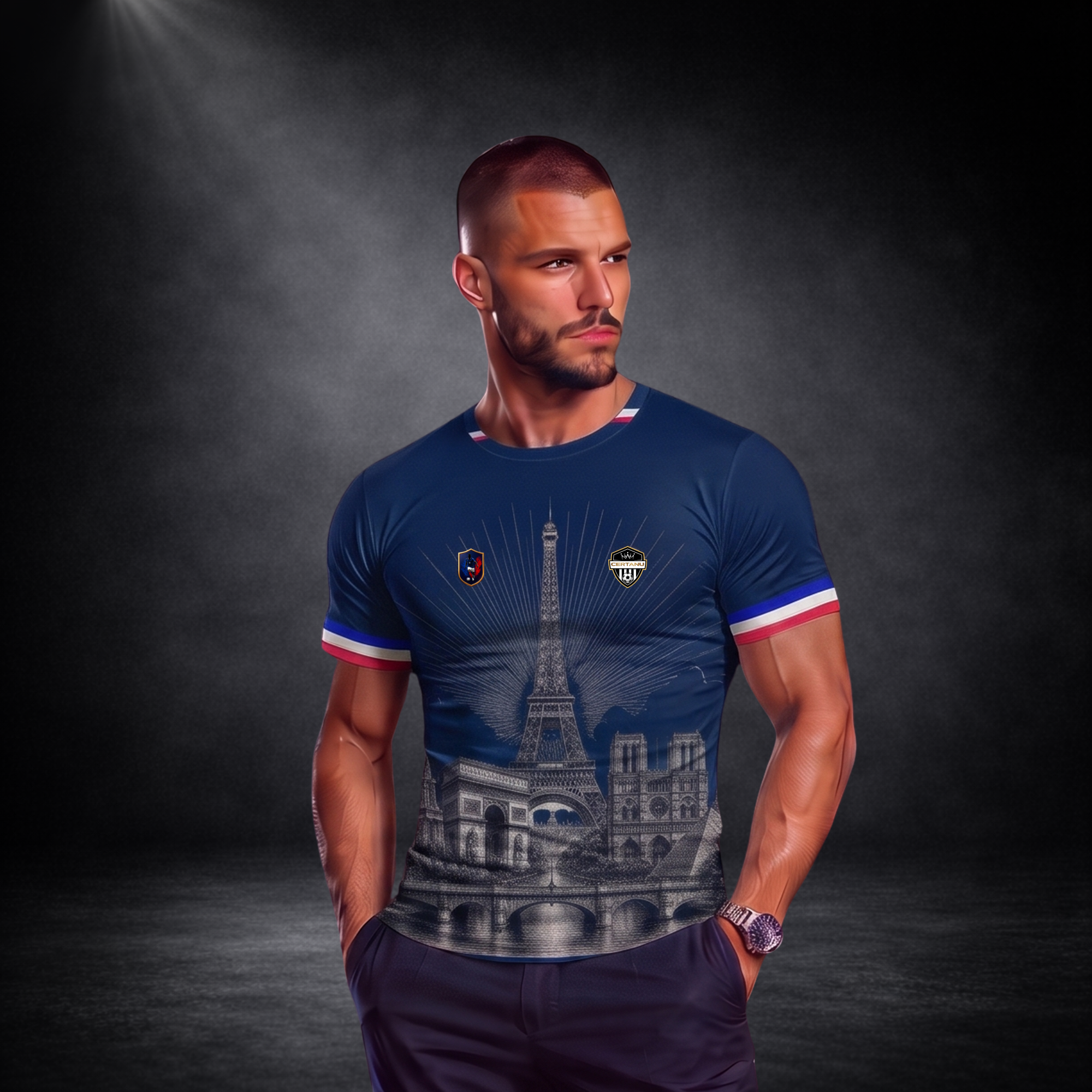 Athletisches männliches Model trägt ein exklusives dunkelblaues CERTANU Frankreich Fußballshirt vor elegantem dunklem Studiohintergrund. Das Premium Fanshirt zeigt auf der Vorderseite ikonische Wahrzeichen von Paris, darunter den Eiffelturm, den Arc de Triomphe, Notre-Dame und die Seine mit ihren historischen Brücken in einer hochwertigen monochromen Illustration. Dezente rot-weiß-blaue Streifen an Ärmeln und Kragen greifen die französischen Nationalfarben auf. Das Design verbindet moderne Fußballkultur mit