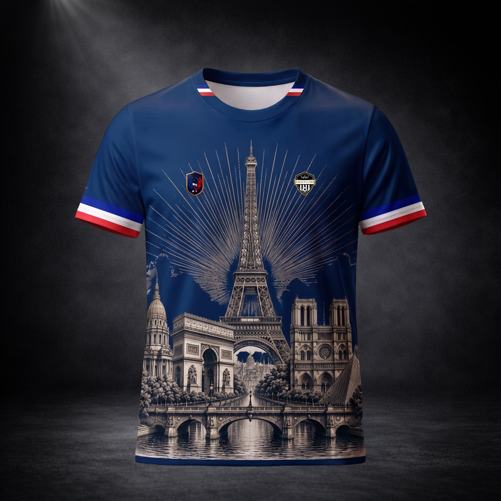 Premium Frankreich Fußballshirt von CERTANU auf dunklem Studiohintergrund. Das dunkelblaue Funktionsshirt zeigt eine detailreiche Illustration berühmter Wahrzeichen von Paris, darunter den Eiffelturm, den Arc de Triomphe, Notre-Dame und die Seine mit historischen Brücken. Feine goldene Strahlen hinter dem Eiffelturm verleihen dem Design eine elegante Premium-Optik. Rot-weiß-blaue Streifen an Kragen und Ärmeln greifen die Farben der französischen Nationalflagge auf. Hochwertiges Frankreich Fan-Shirt für Fußb